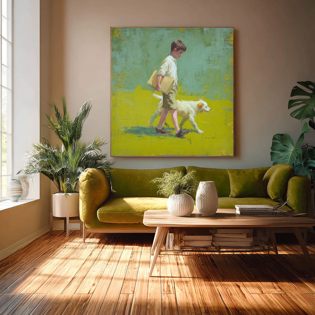 Minimalist Boy Walking The Dog Painting Landscape Green Grassland Abstract Peaceful atmosphere Wall Art