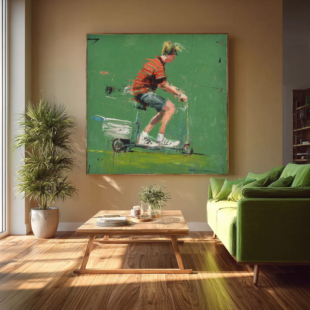 Minimalist Energetic Boy Riding A Scooter Painting Abstract Fashionable Street Style Original Green Wall Art