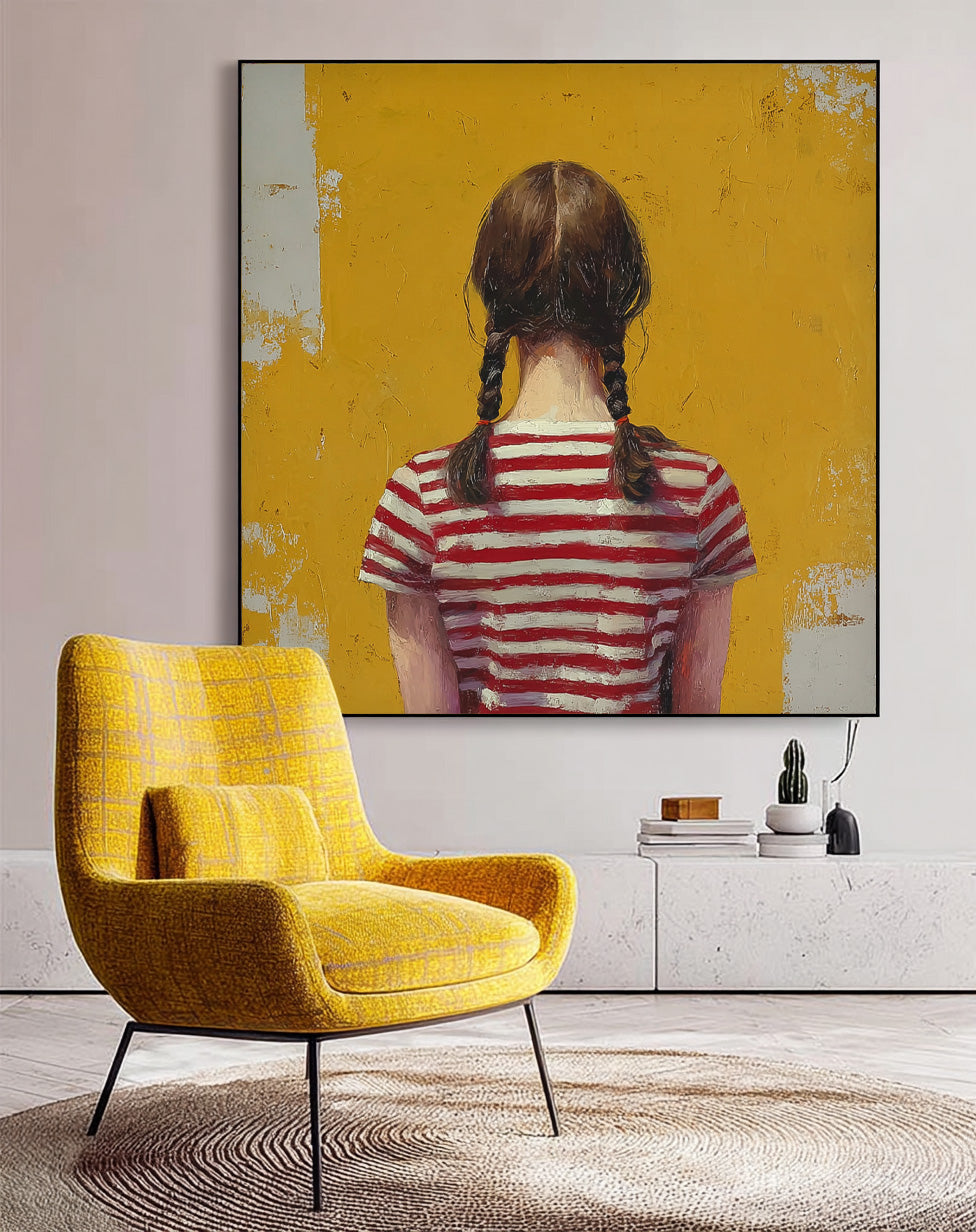Abstract Twin-Tailed Girl Art Minimalist Child Back View Painting Original Yellow Wall Art For Living Room