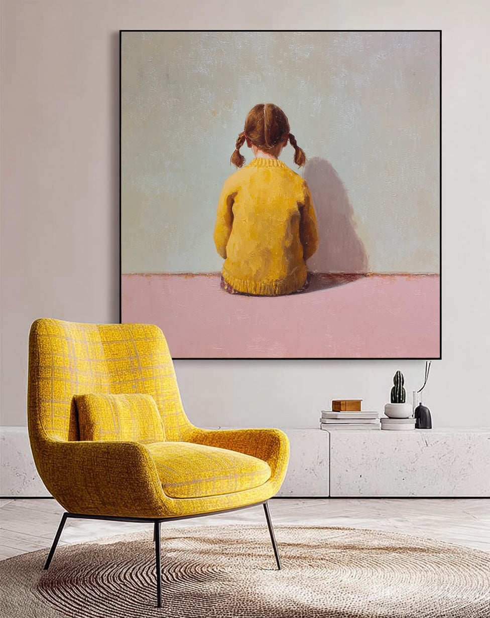Original Pink Wall Art Minimalist Child Back view Painting Abstract Warm atmosphere Art For Living Room