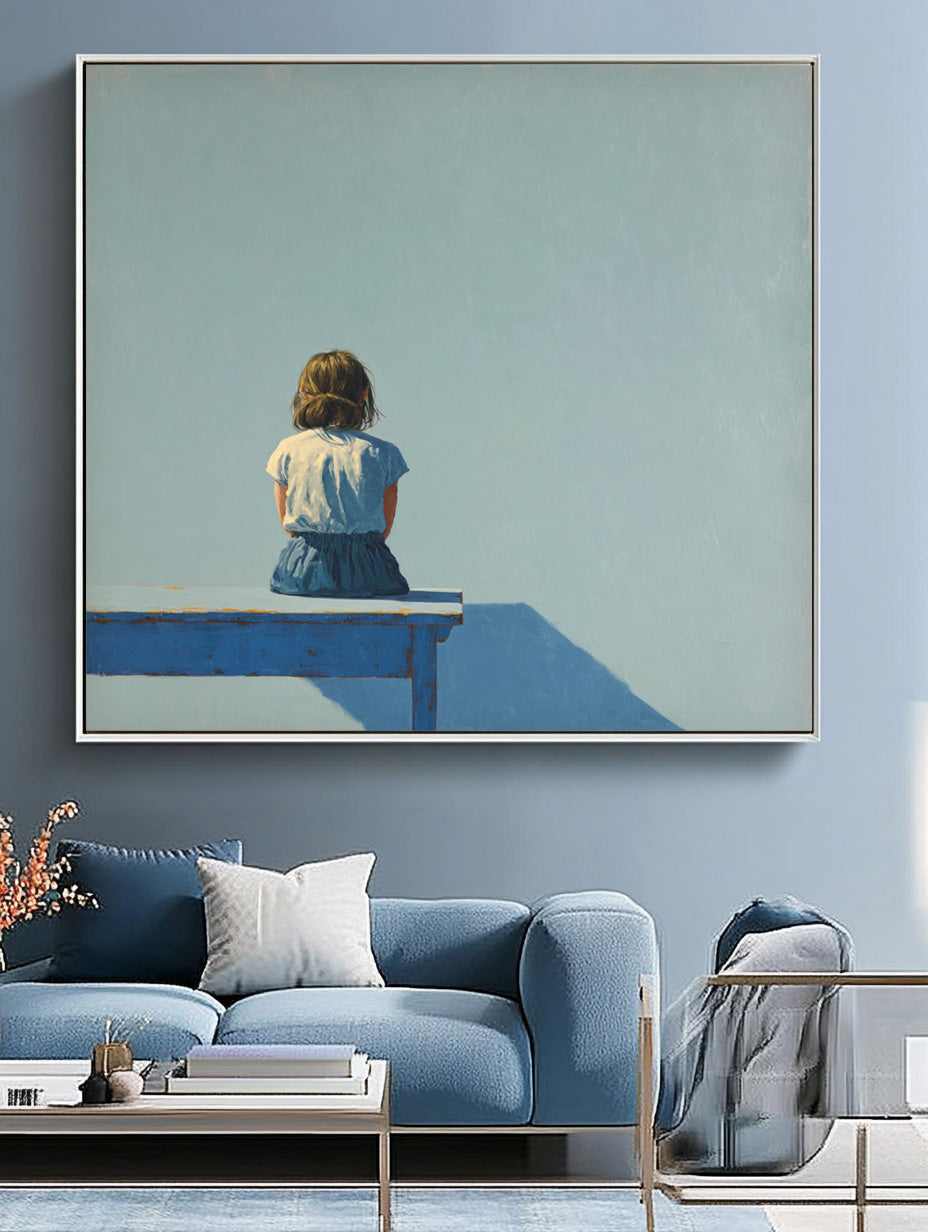 Original Blue Wall Art Abstract Warm atmosphere Art Minimalist Girl Back View Painting For Living Room