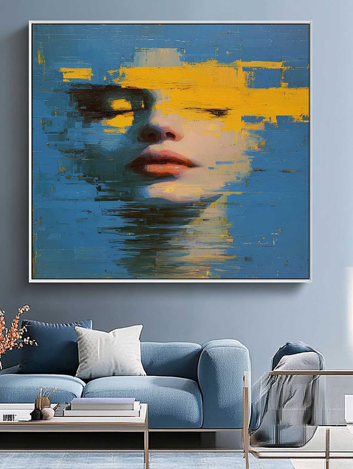 Abstract Face & Ocean Fusion Oil Painting  Modern Blue-Yellow Contrast Wall Art Unique Home Decor Artwork