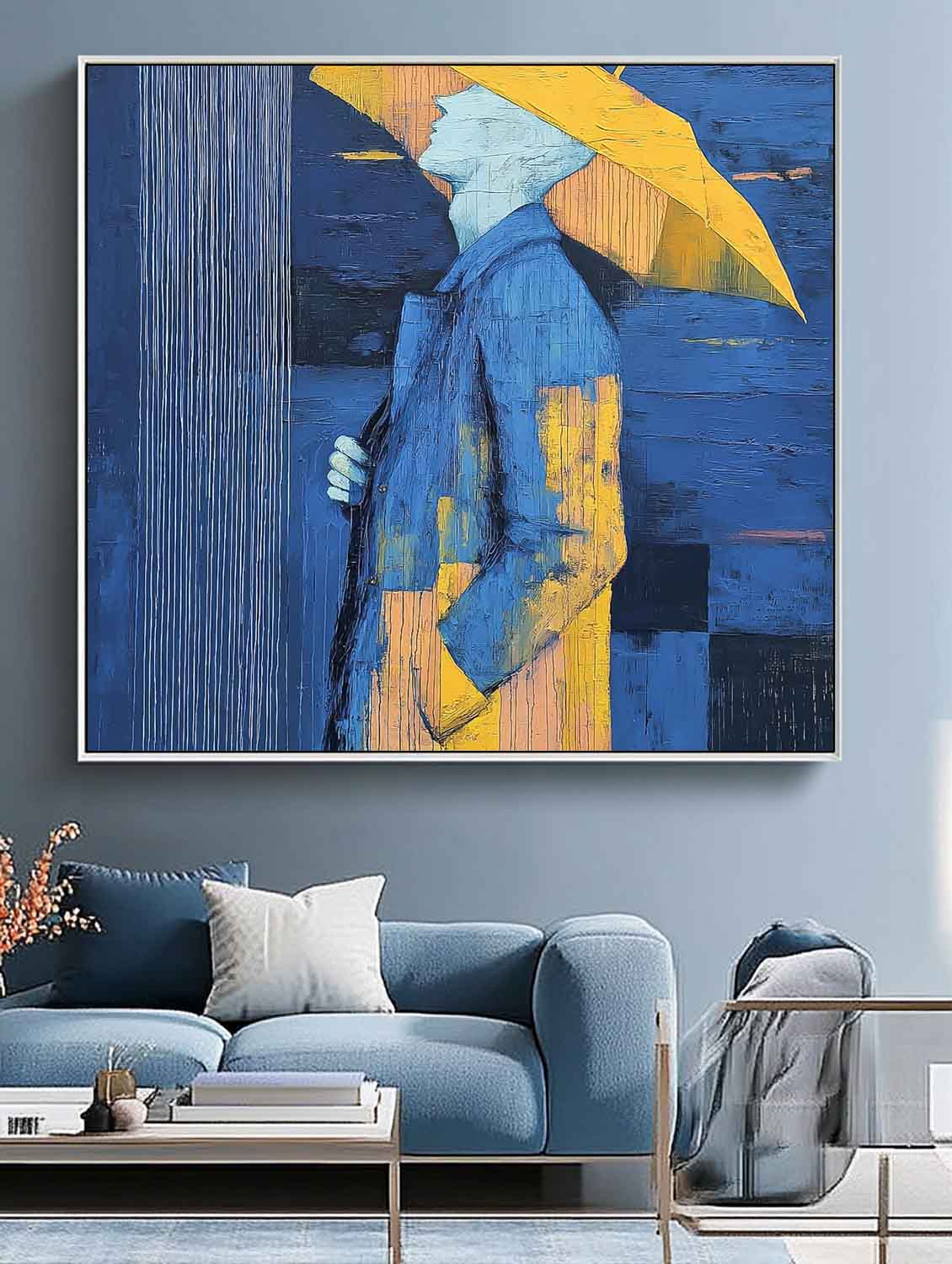 Blue Yellow Umbrella Modern Abstract Oil Painting Original Wall Art For Living Room Decor Handmade Canvas
