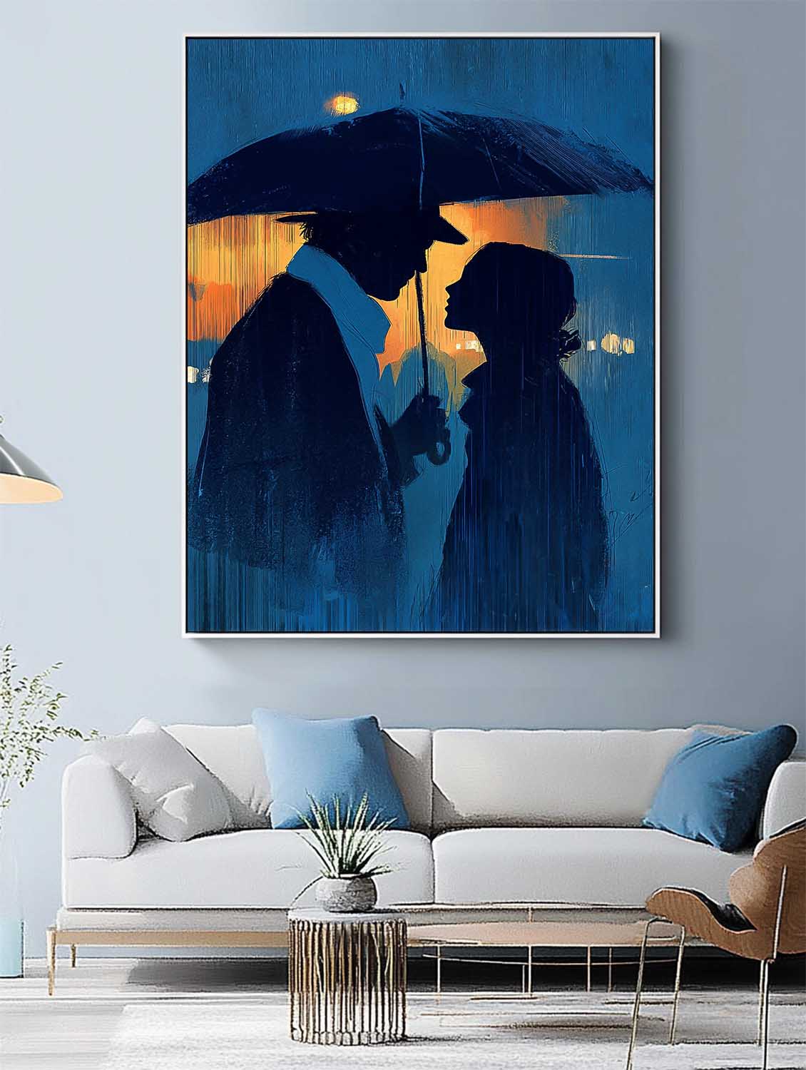 Original Couple In Rain Oil Painting Moody Blue Night Art Unique Gift For Couples Romantic Wall Art Canvas