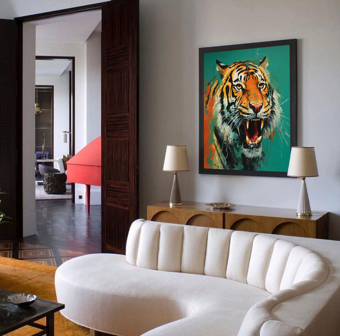 Large Green Background Abstract Tiger Canvas Oil Painting Original Tiger Canvas Wall Art Modern Animal Artwork Living Room Office