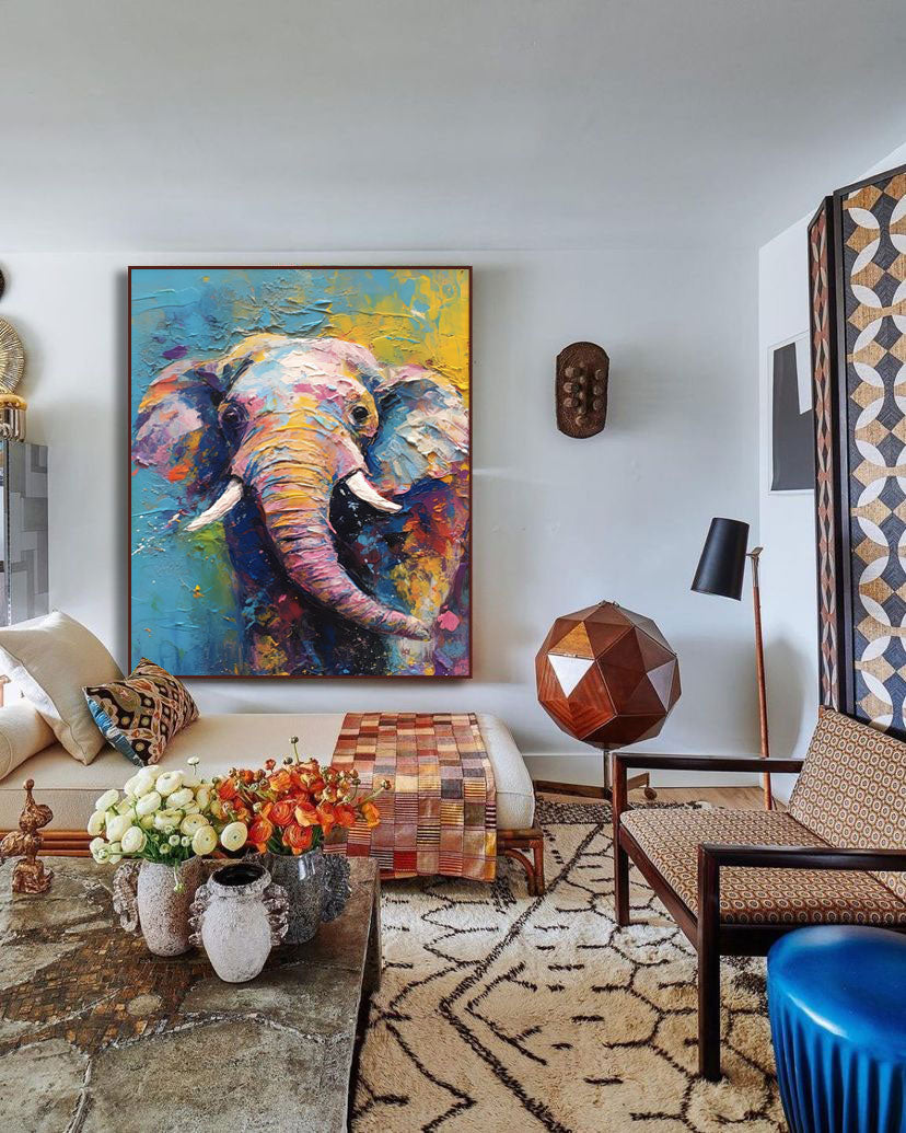 Modern Animal Oil Painting Impressionist Colorful Elephant Oil Painting Textured Canvas Wall Art Home Decor