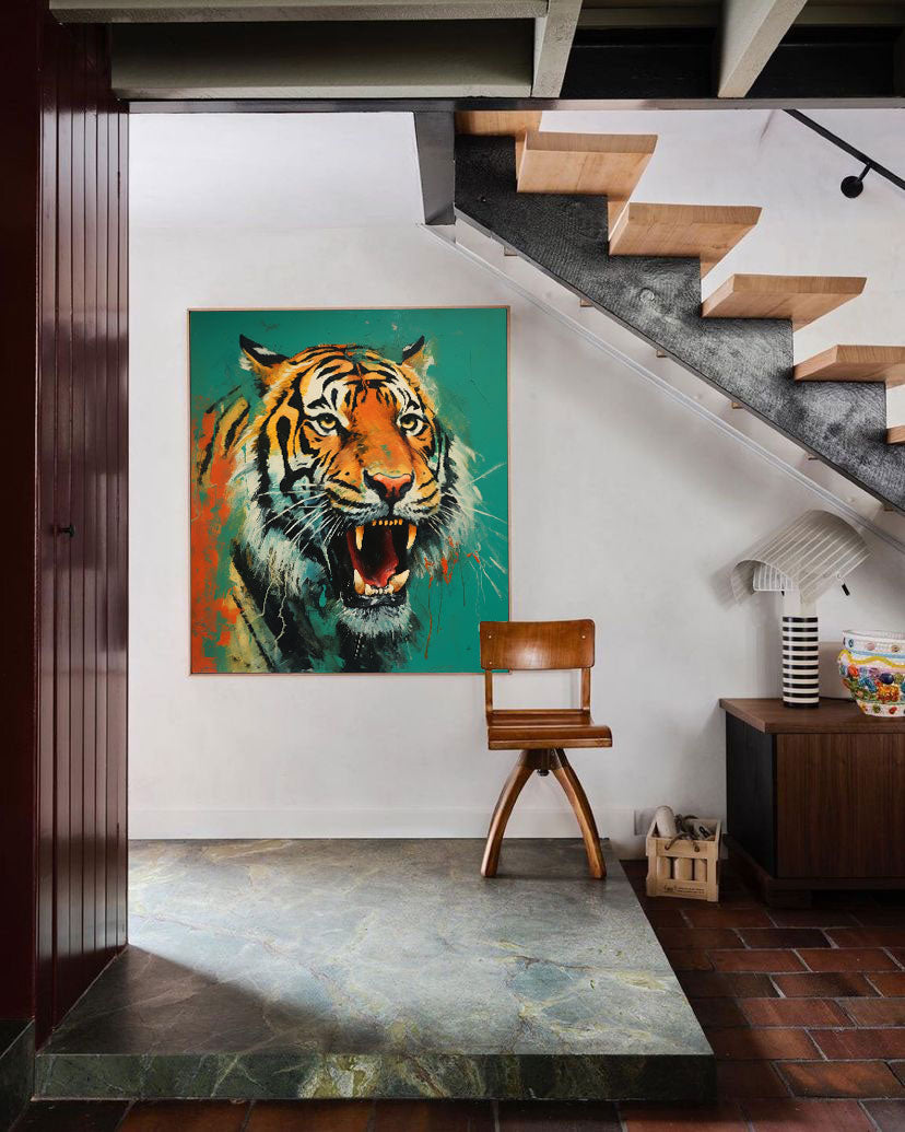 Large Green Background Abstract Tiger Canvas Oil Painting Original Tiger Canvas Wall Art Modern Animal Artwork Living Room Office