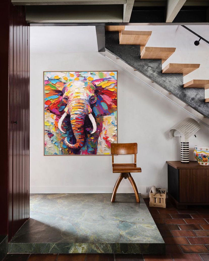 Colorful Elephant Oil Painting Textured Canvas Wall Art Modern Animal Oil Painting Impressionist Home Decor