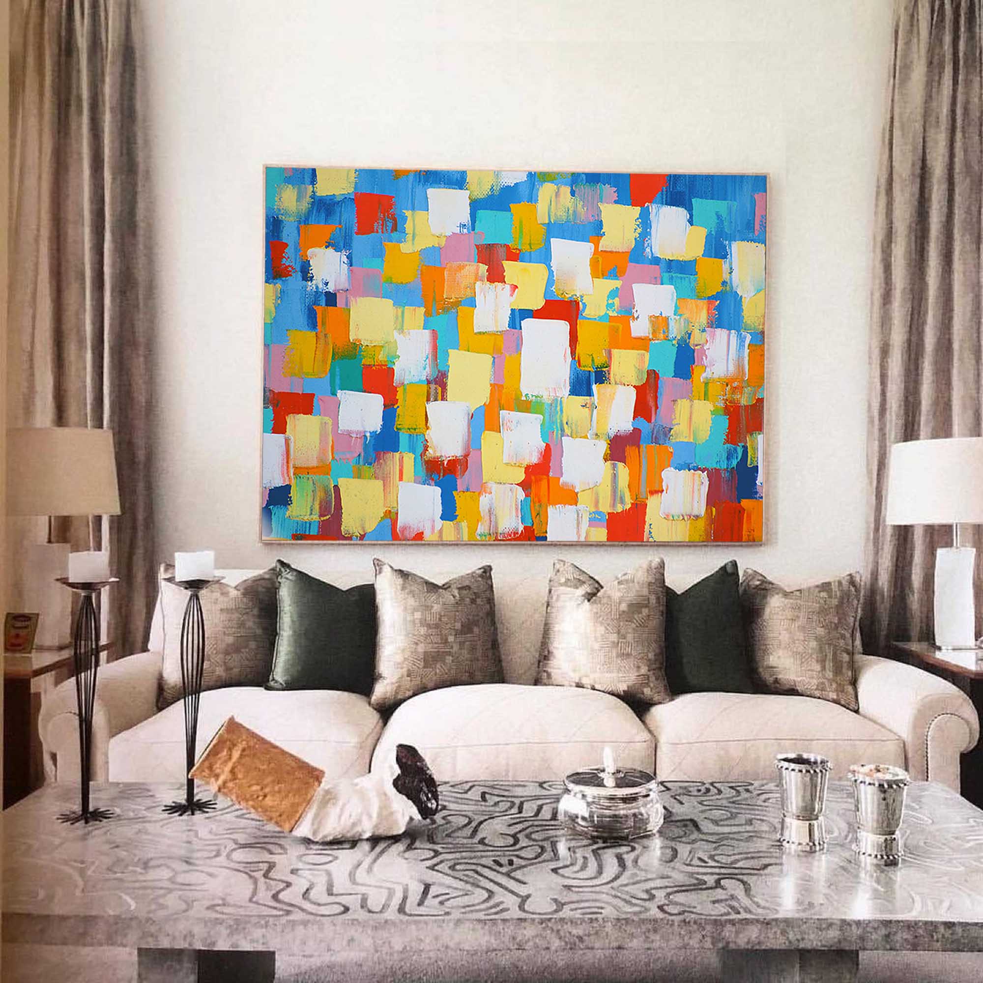 Bright Colorful Large Abstract Oil Painting Modern Geometric Acrylic Painting Original Wall Art Home Decoration