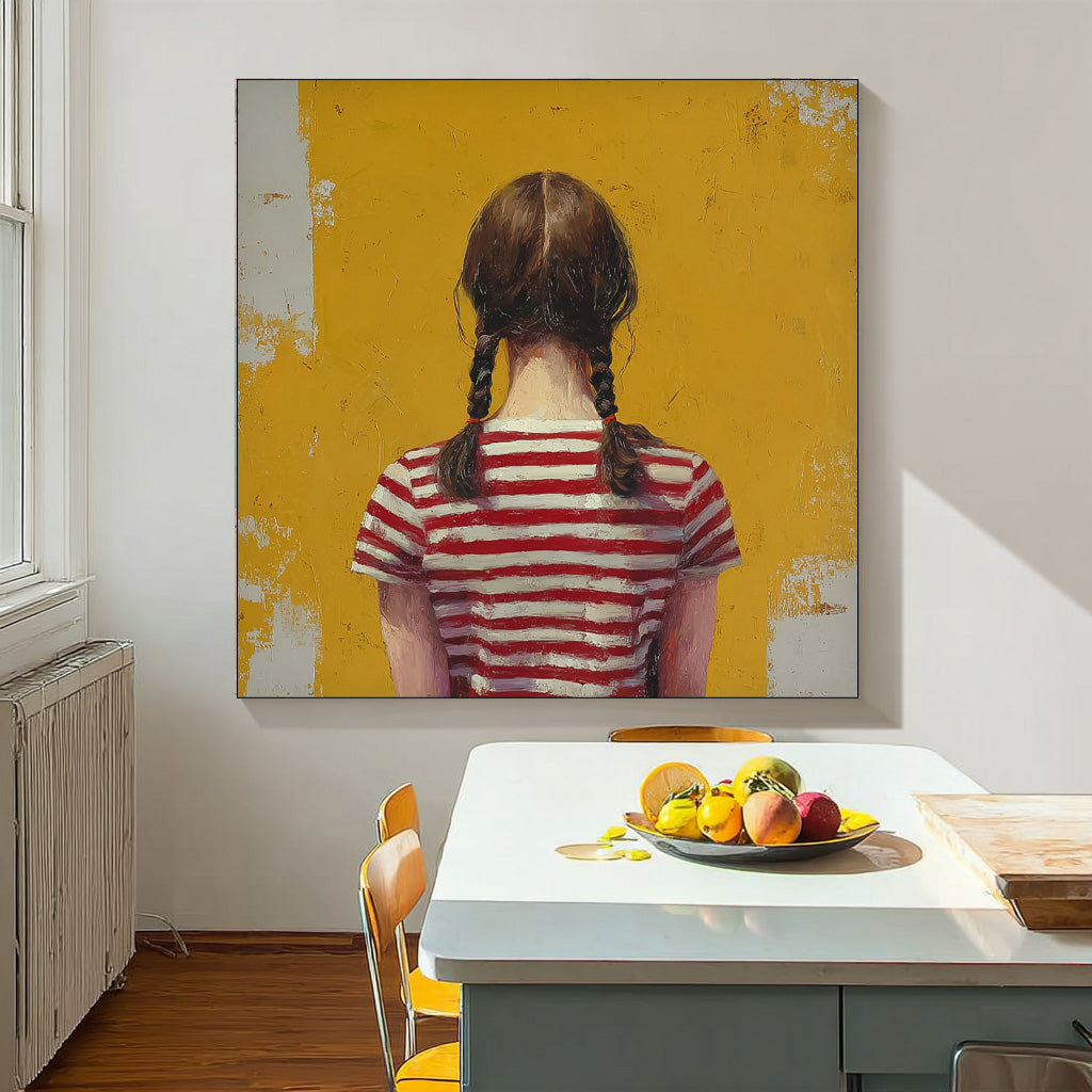 Abstract Twin-Tailed Girl Art Minimalist Child Back View Painting Original Yellow Wall Art For Living Room