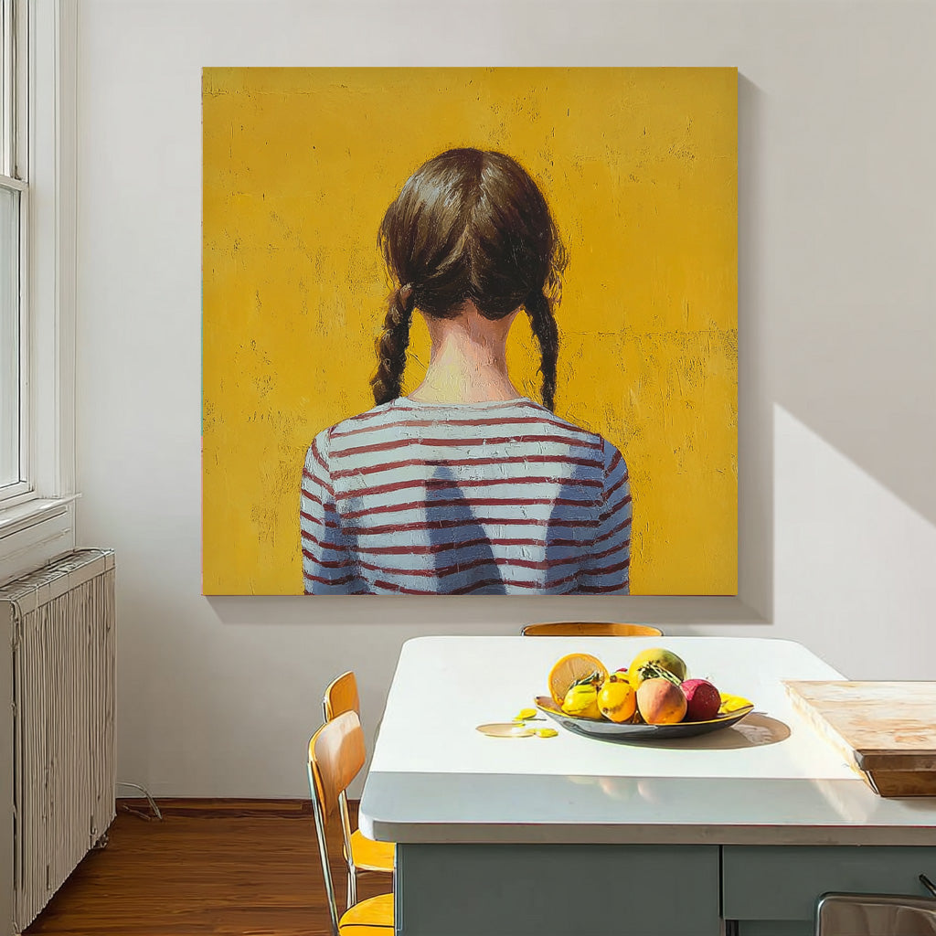 Minimalist Child Back View Painting Original Yellow Wall Art Abstract Twin-Tailed Girl Art For Living Room