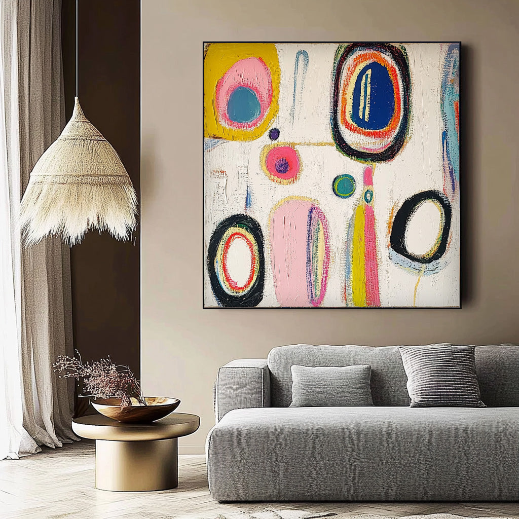 Modern Handmade Artwork Square Abstract Oil Painting Original Irregular Geometric Circles Wall Art