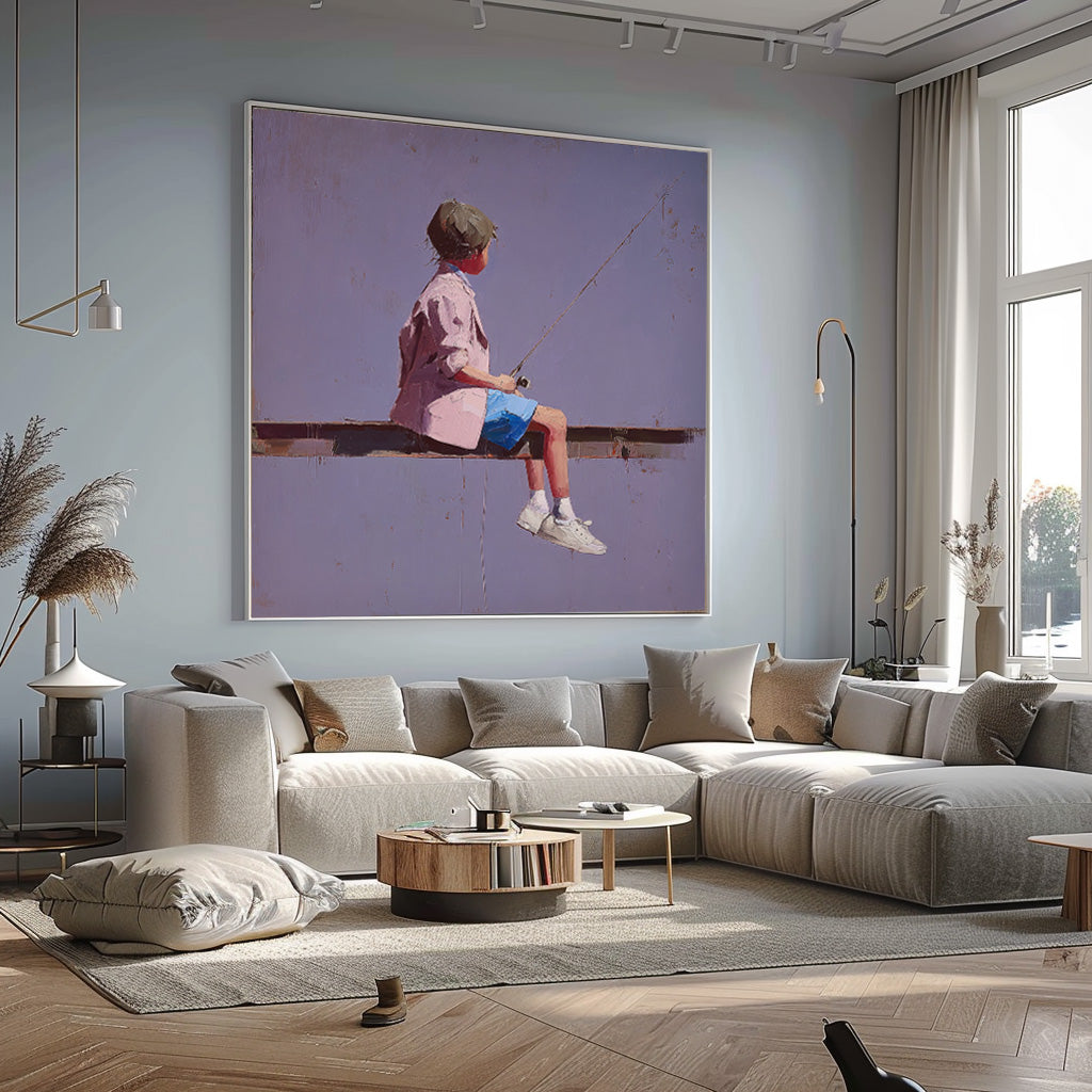 Abstract Warm atmosphere Art Original Purple Wall Art Minimalist Boy Fishing Painting For Living Room