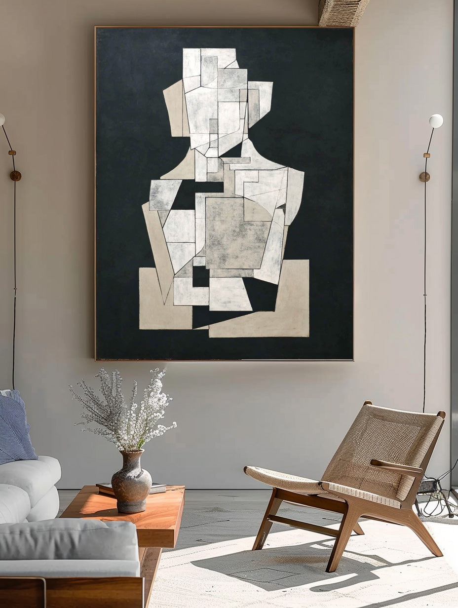 Abstract Geometric Black & White Wall Art Minimalist Modern Canvas Painting For Home Decor Unique Artwork