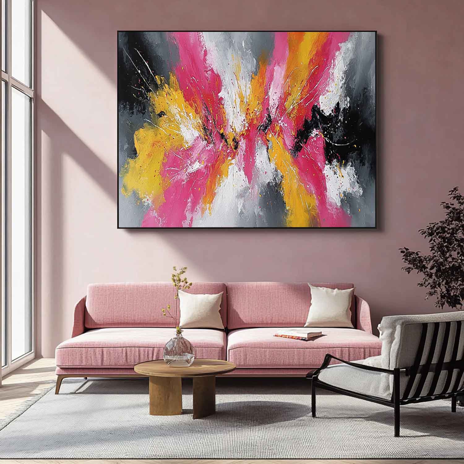 Modern Abstract Canvas Art Bright Pink & Yellow Explosion Textured Oil Painting For Home Wall Decor