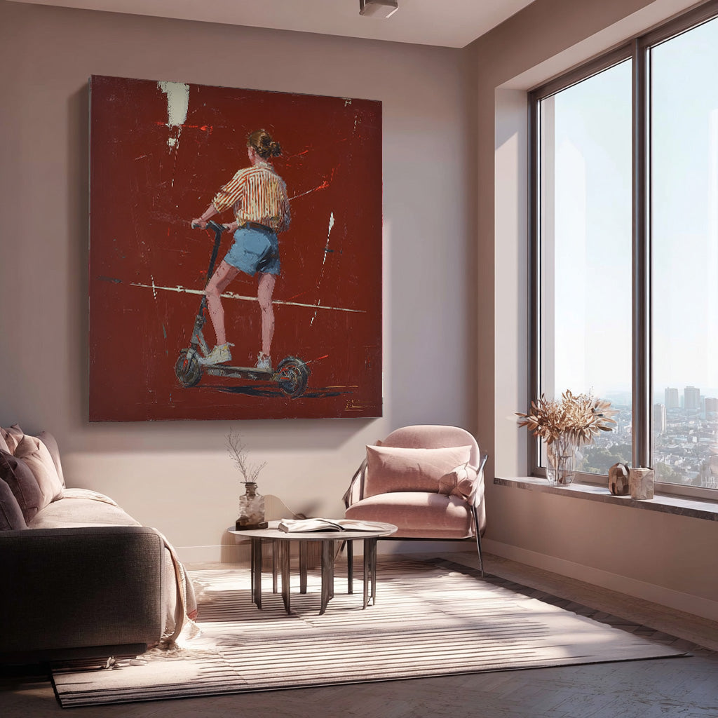 Abstract Fashionable Street Style Original Red Wall Art Minimalist Energetic Girl Riding A Scooter Painting