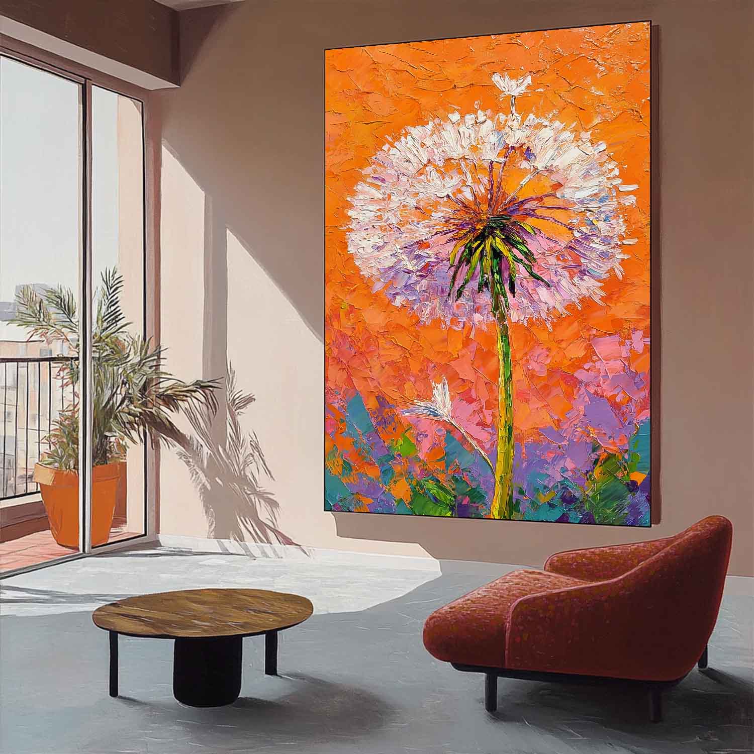 Vibrant Orange Dandelion Oil Painting 3D Textured Palette Knife Wall Art Modern Abstract Floral Canvas
