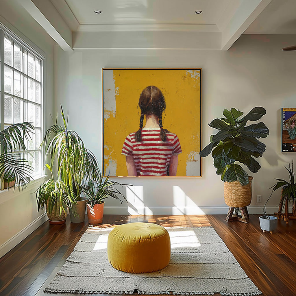 Abstract Twin-Tailed Girl Art Minimalist Child Back View Painting Original Yellow Wall Art For Living Room