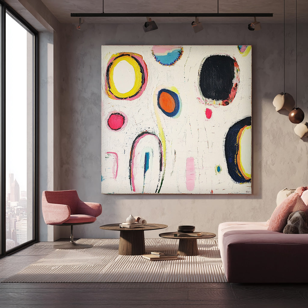 Square Abstract Oil Painting Modern Handmade Artwork Original Irregular Geometric Circles Wall Art