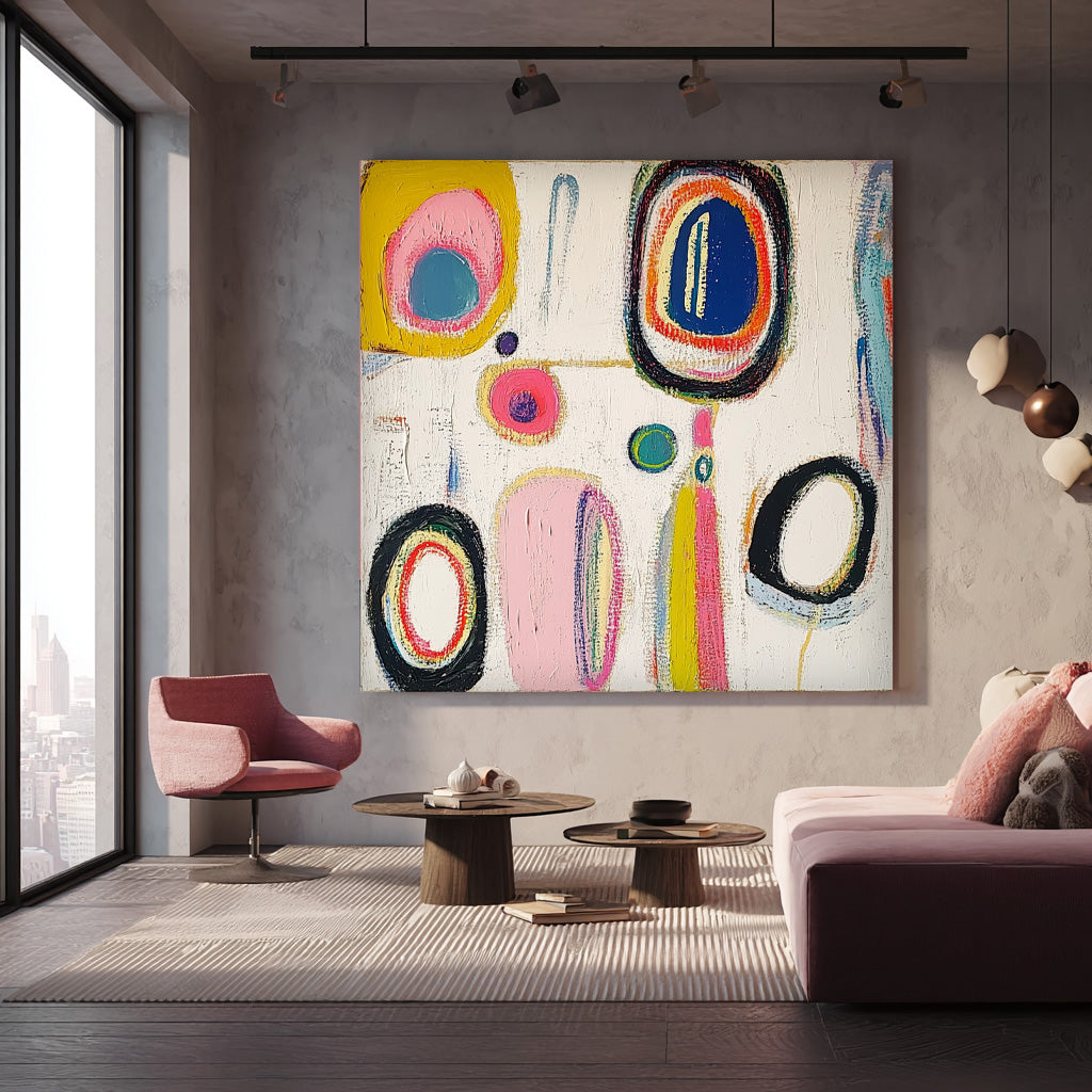 Modern Handmade Artwork Square Abstract Oil Painting Original Irregular Geometric Circles Wall Art