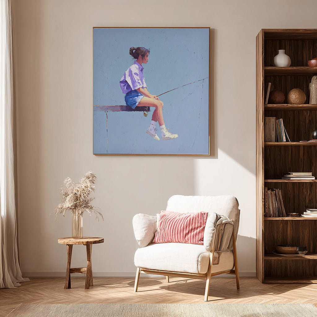 Minimalist Girl Fishing Painting Abstract Warm atmosphere Art Original Blue Wall Art For Living Room