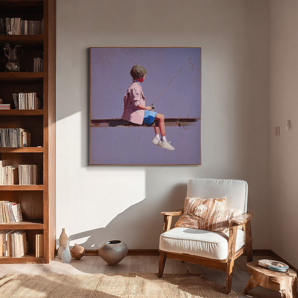 Abstract Warm atmosphere Art Original Purple Wall Art Minimalist Boy Fishing Painting For Living Room