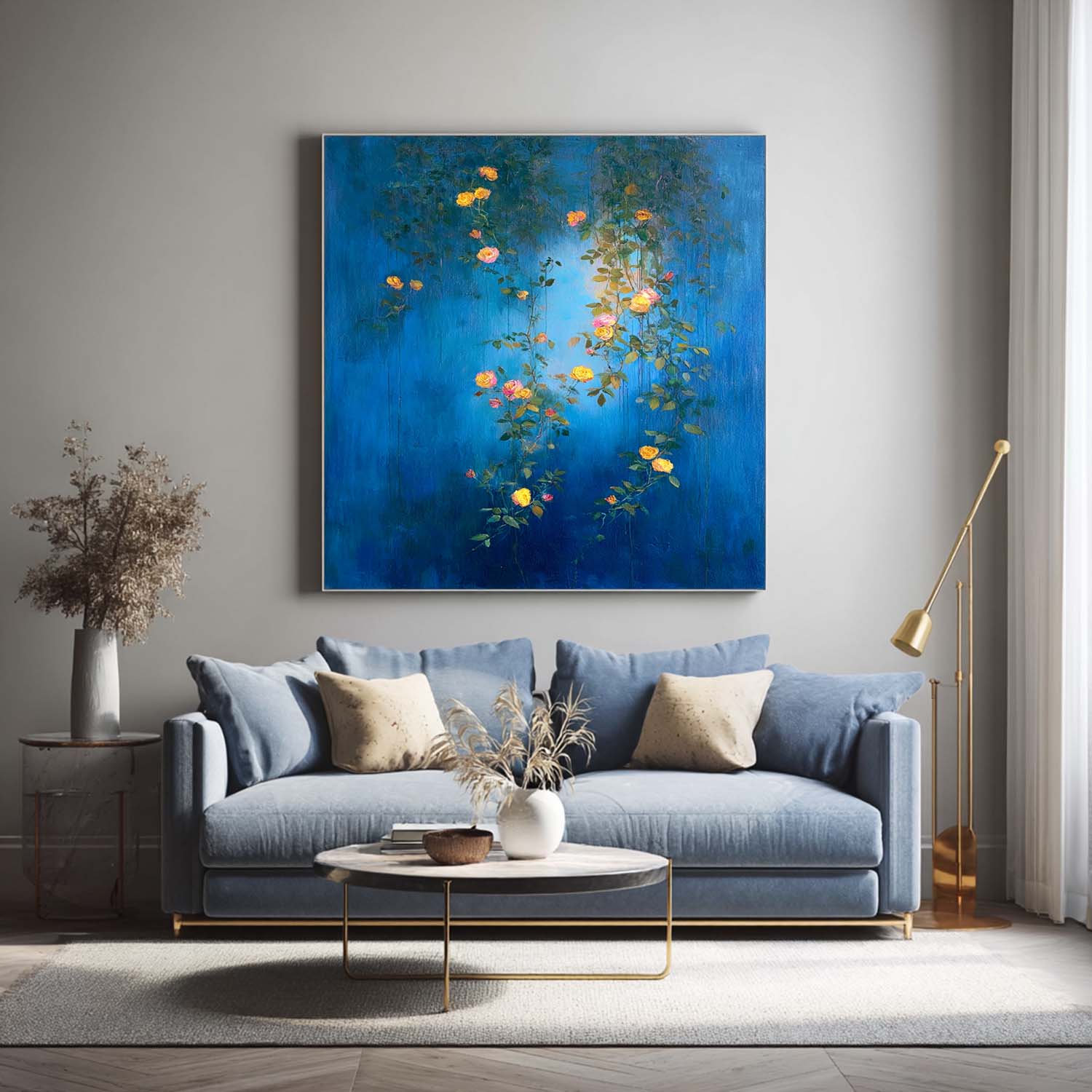 Original Floral Wall Art Canvas Vibrant Yellow & Pink Roses On Deep Blue Background Modern Boho Living Room