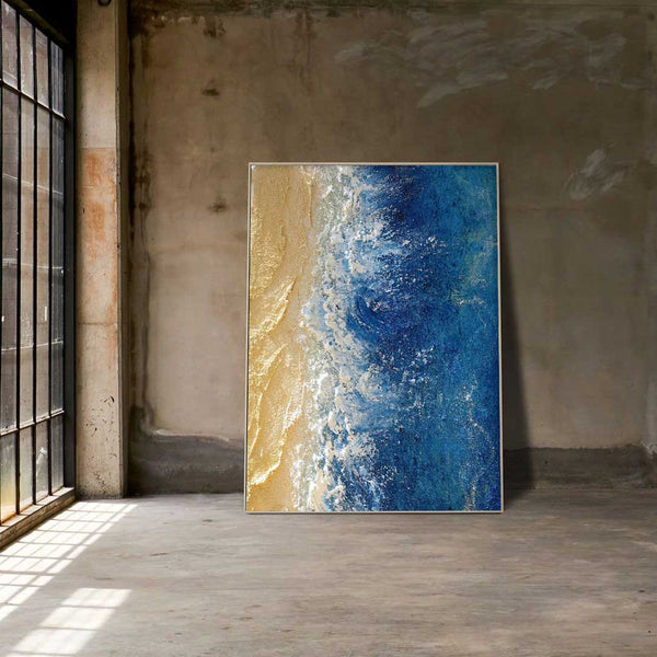 Acrylic Textured Beach And Ocean Painting Framed Large Blue Ocean Wall Art For Living Room