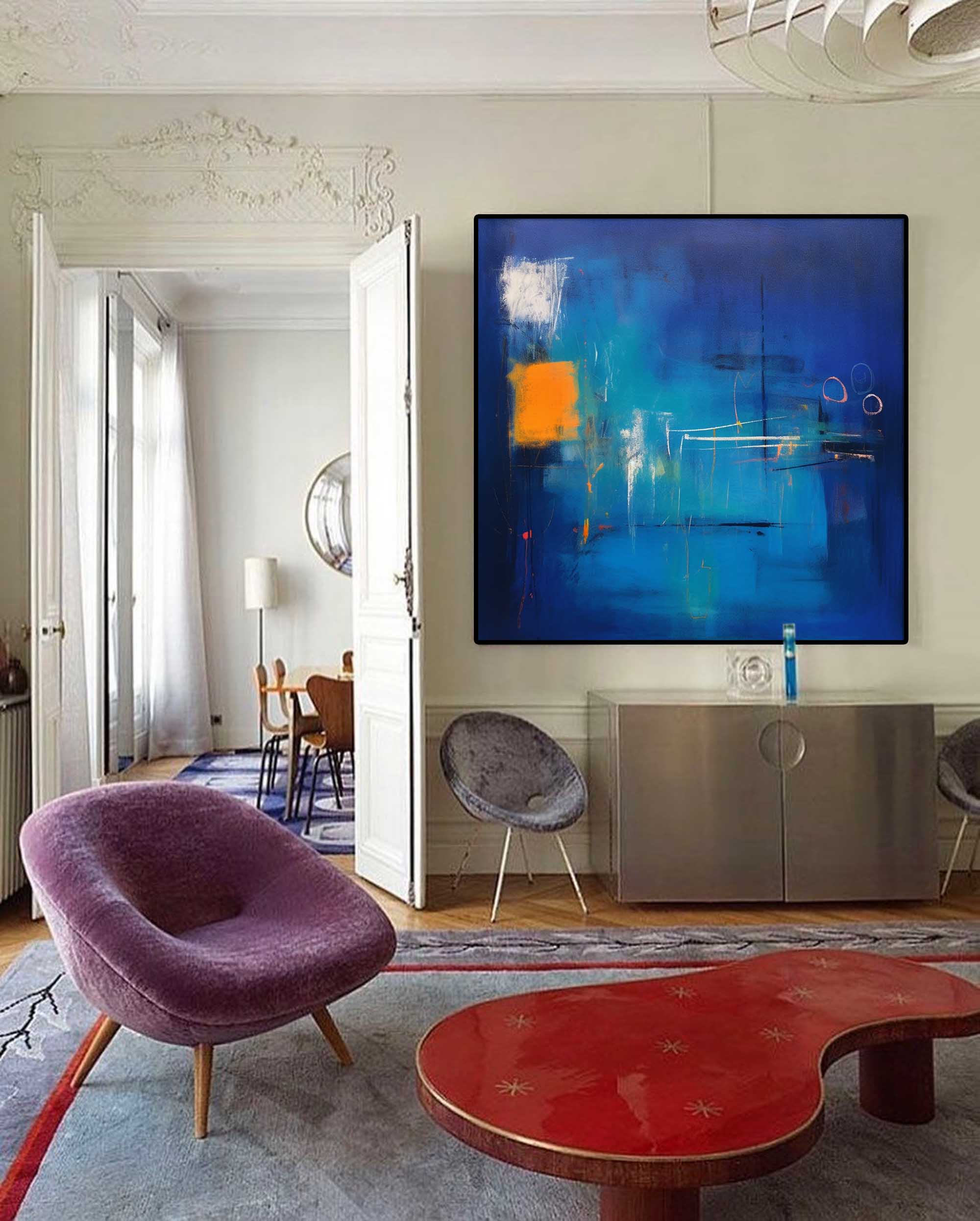 Abstract Oil Painting Large Bright Blue Square Graffiti Acrylic Painting Modern Original Wall Art Home Decor