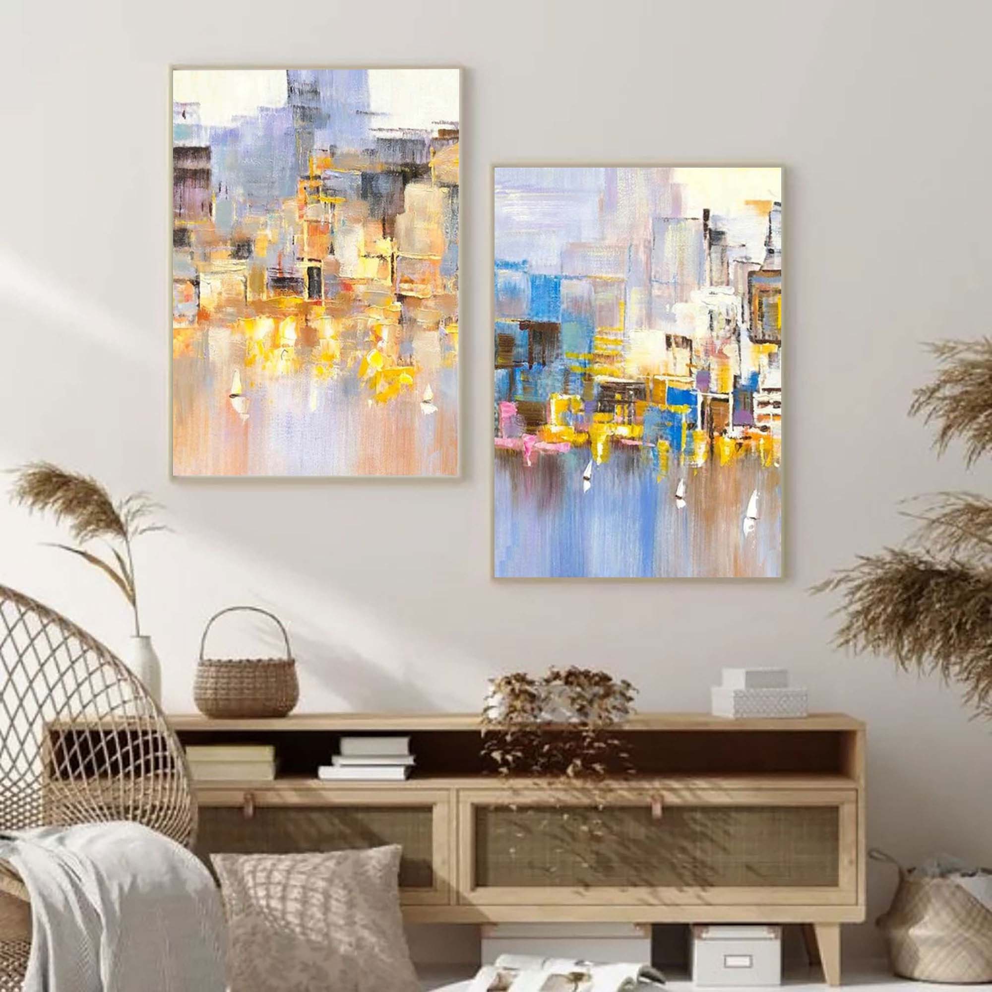 Set of 2 Abstract City Oil Painting Contemporary Textured Canvas Painting  Modern Wall Art Home Decor