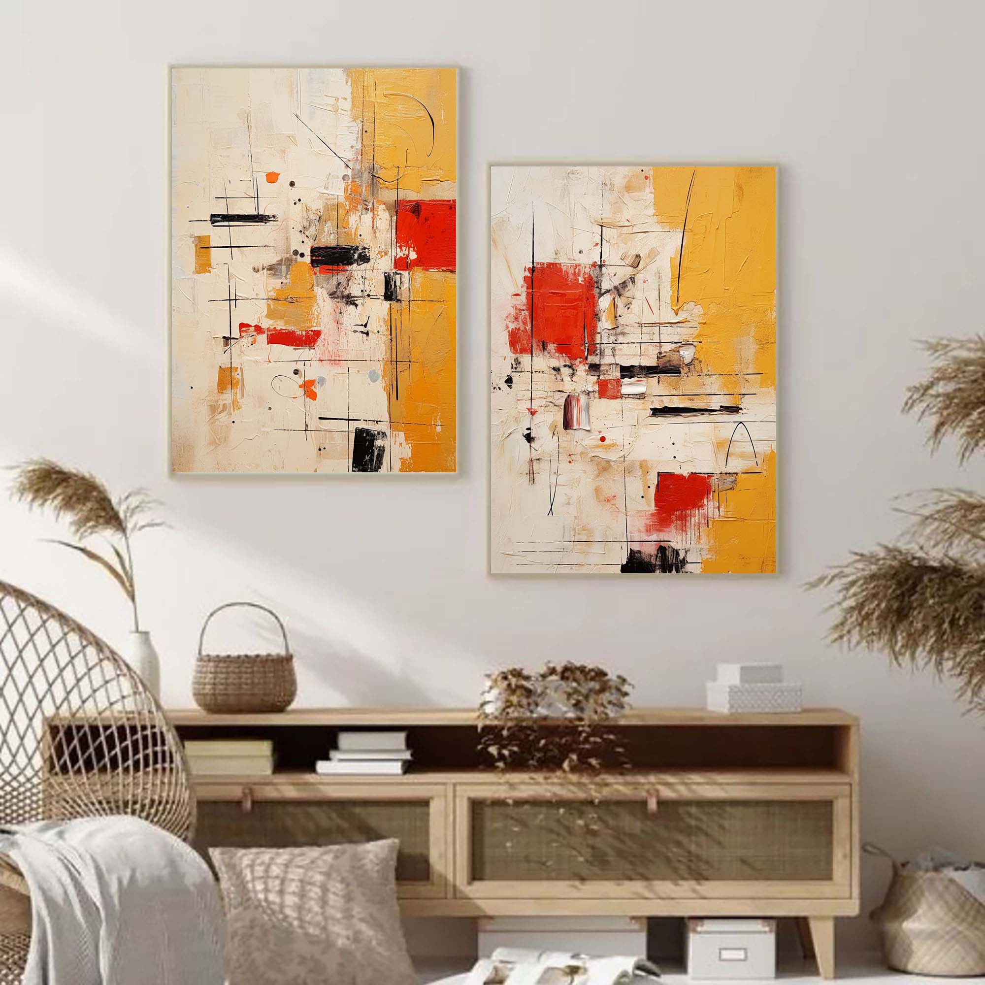 Set of 2  Large Original Acrylic Painting vibrant Yellow Abstract Graffiti Oil Painting Modern Wall Art Living Room Decor