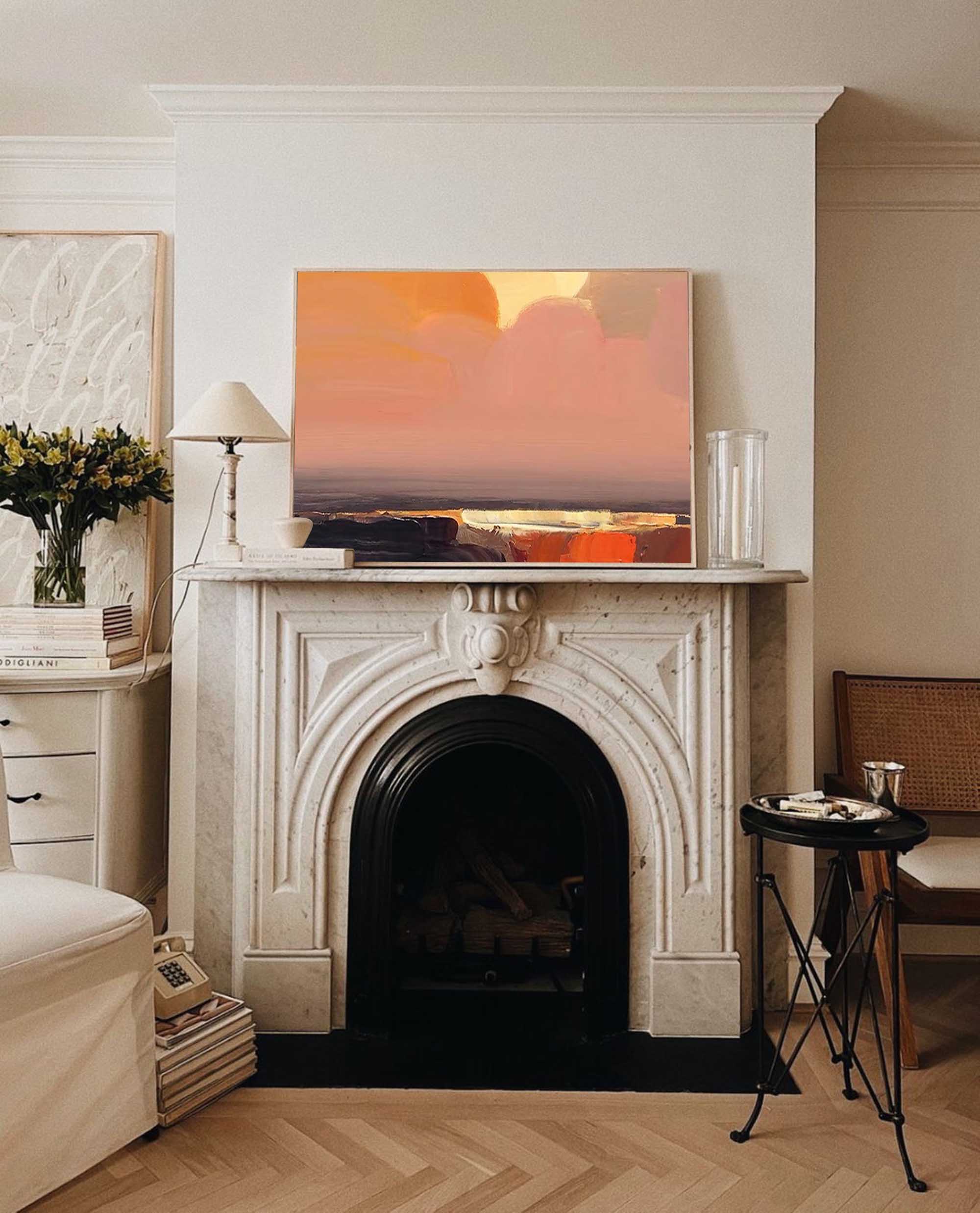 Large Sunset Oil Painting On Canvas Original Wall Art Abstract Yellow Landscape Painting Living Room Decor