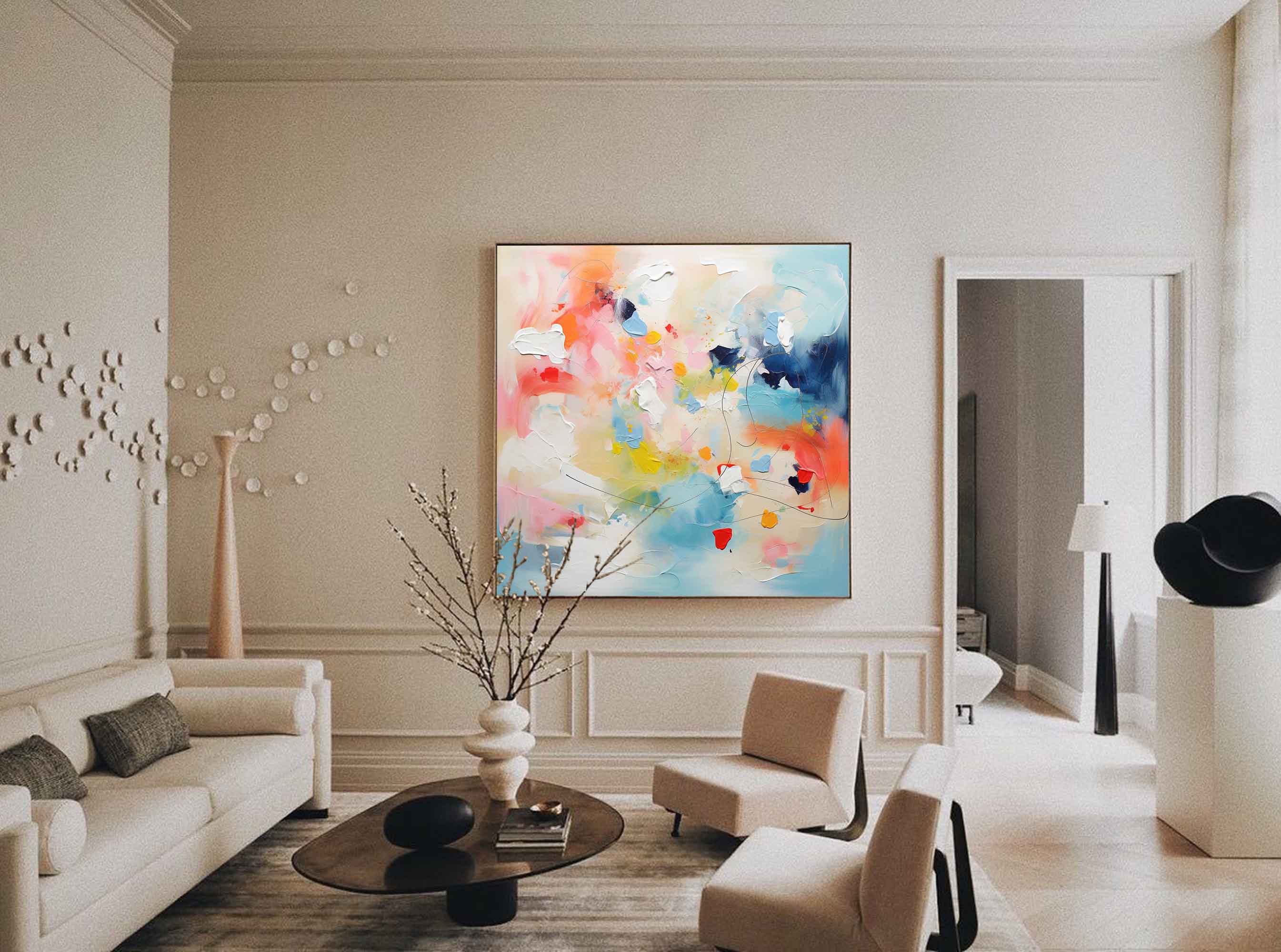 Large Square Acrylic Painting Bright Colorful Original Wall Art Abstract Oil Painting Modern Texture Living Room Art For Sale