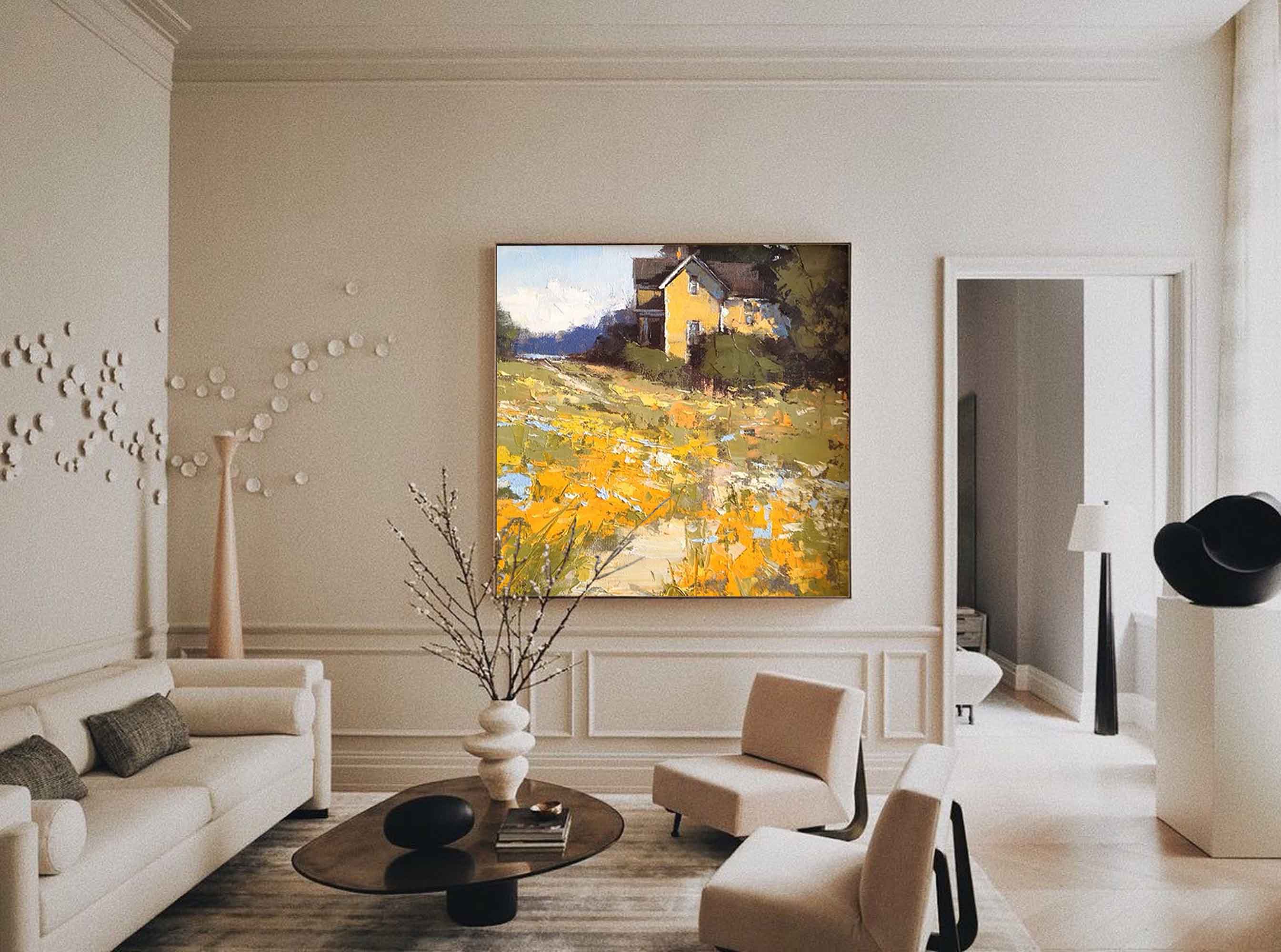 Original Country Cottage Oil Painting Large Wall Art Abstract Yellow Landscape Painting Living Room Decoration