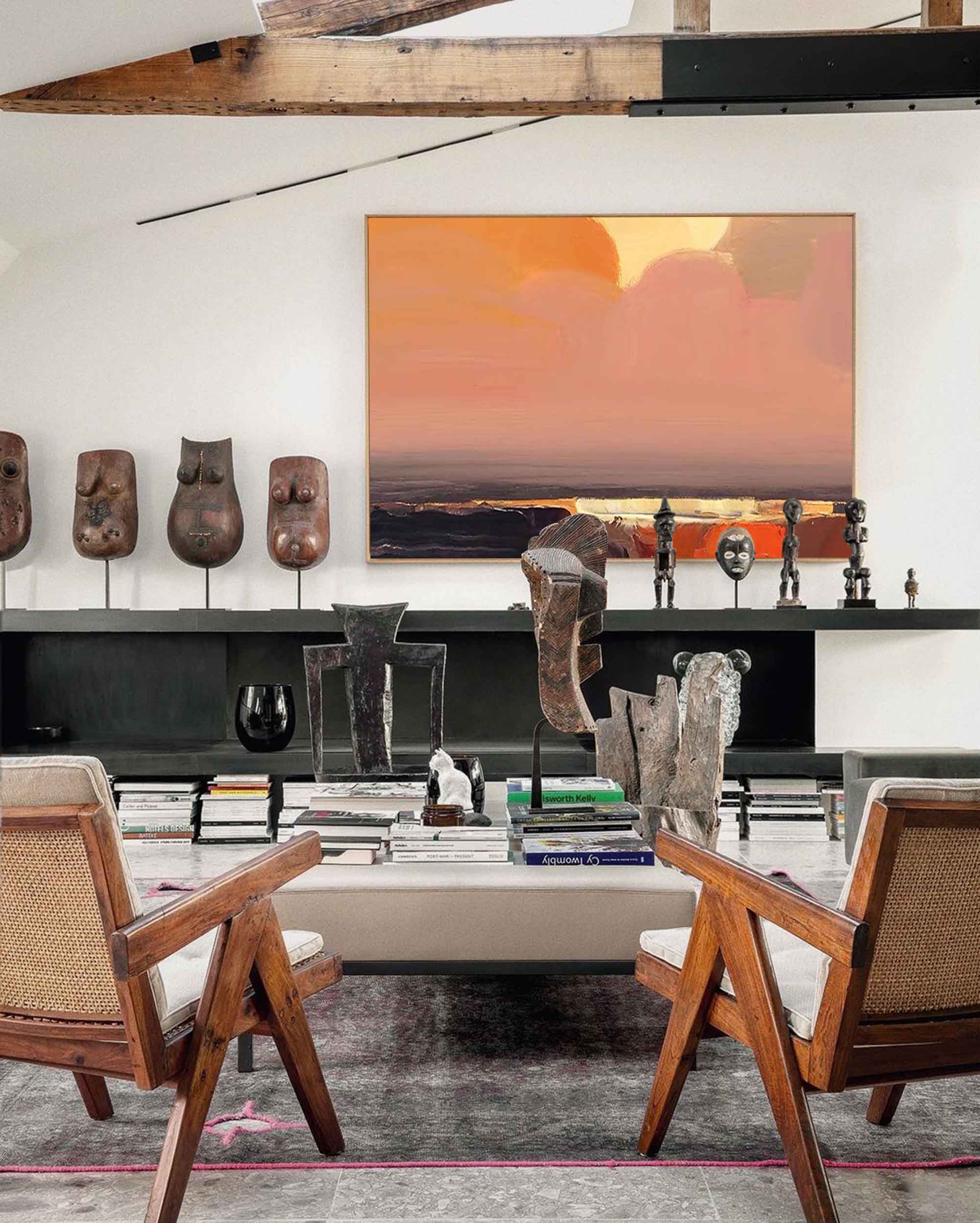 Large Sunset Oil Painting On Canvas Original Wall Art Abstract Yellow Landscape Painting Living Room Decor