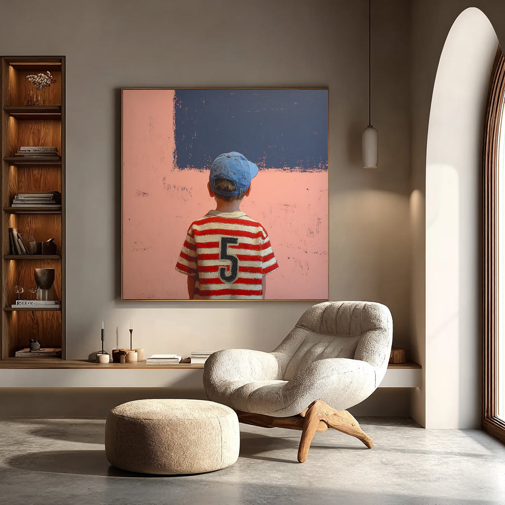 Minimalist Child Back View Painting Original Pink Wall Art Abstract Cool Boy Art For Living Room