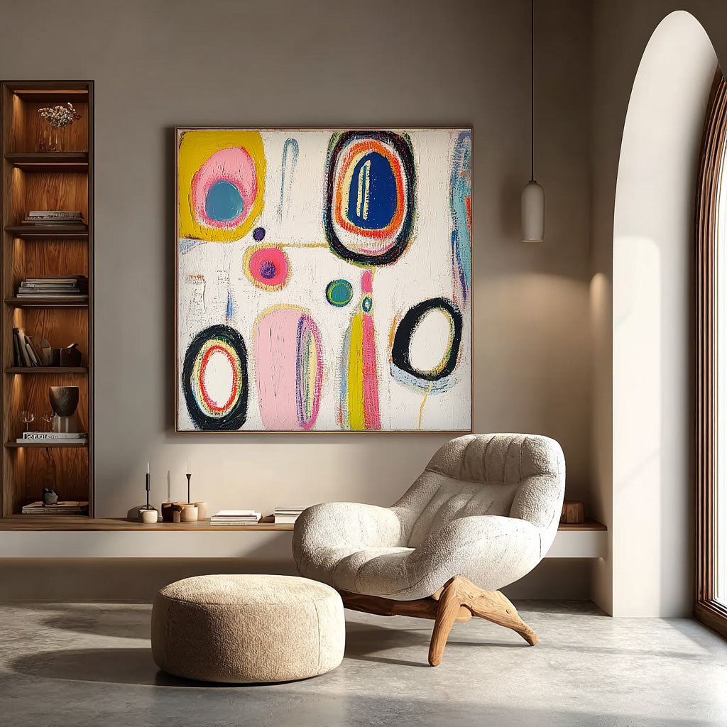 Modern Handmade Artwork Square Abstract Oil Painting Original Irregular Geometric Circles Wall Art