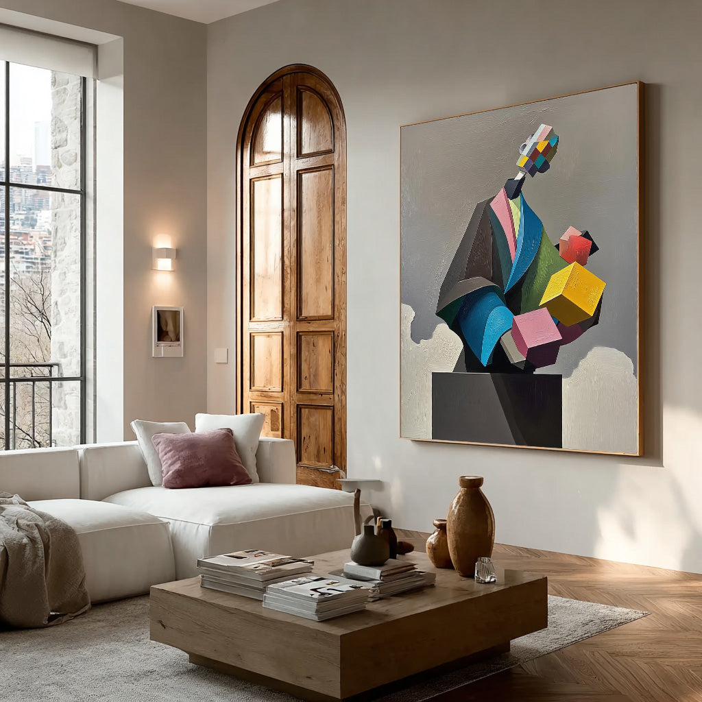 Original Large Abstract Portrait Wall Art Textured Geometric Shapes People Painting Canvas Home Decor