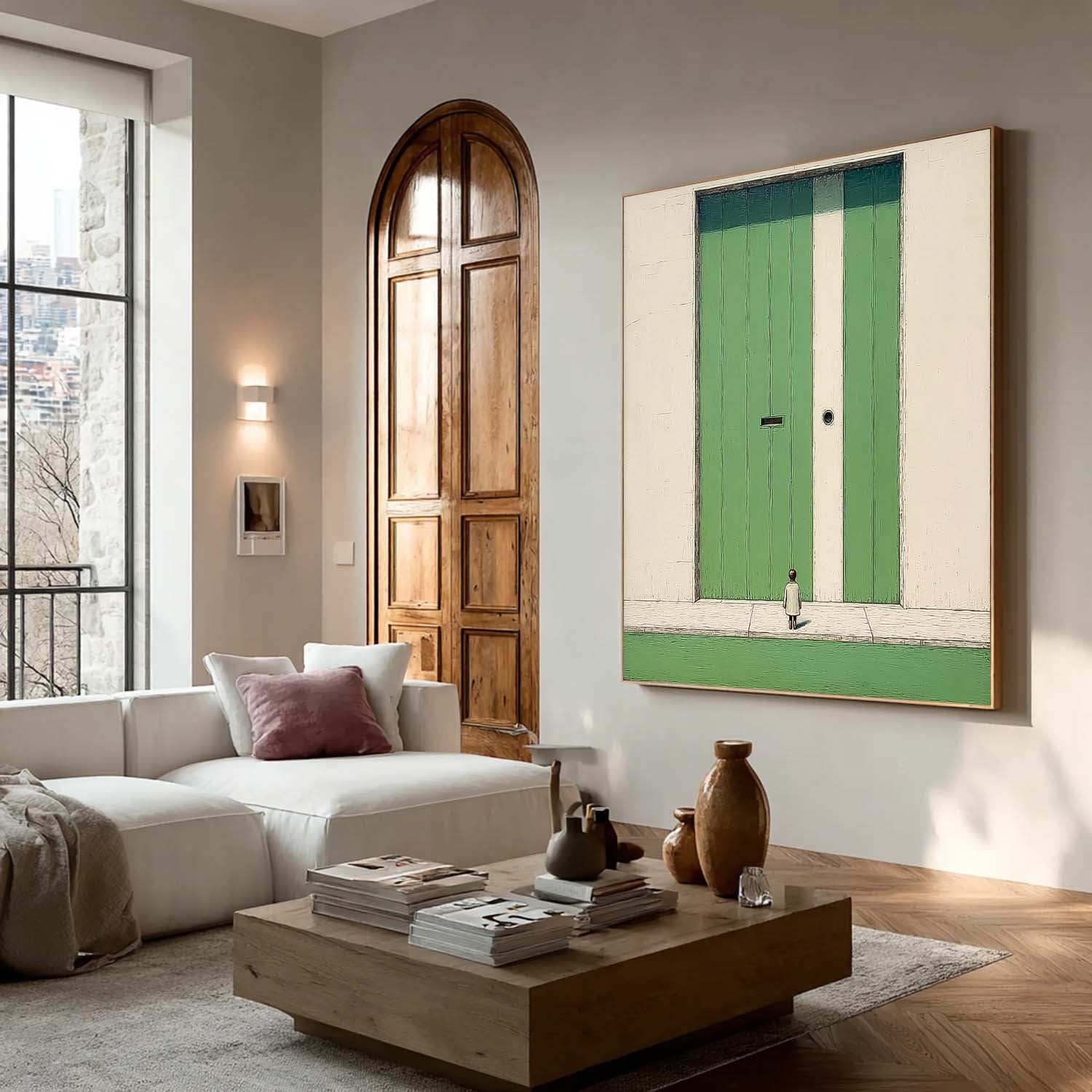 Abstract Acrylic painting Large Architectural Door Painting Framed Original Green Doorway Wall Art