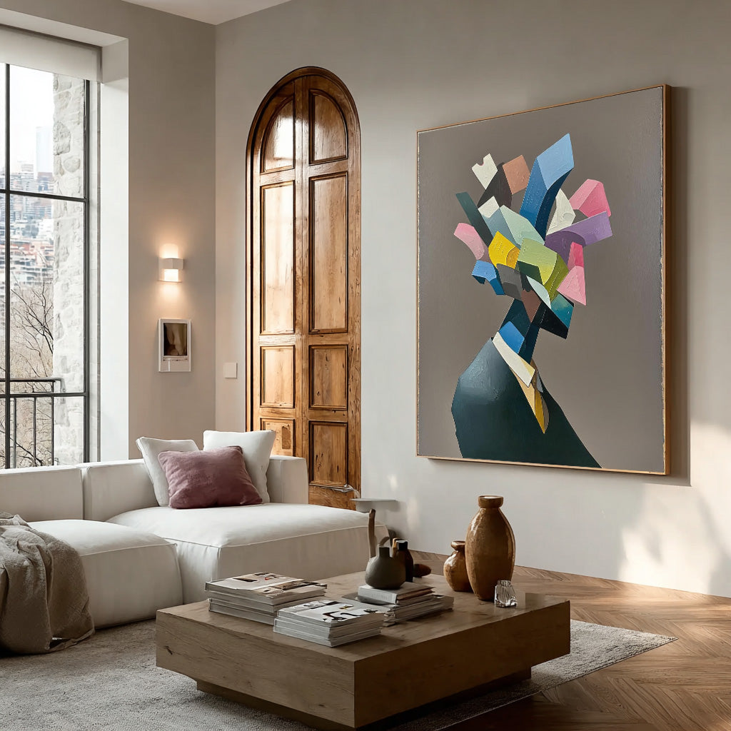 Large Abstract Portrait Wall Art  Original Textured Geometric Shapes People Painting Canvas Home Decor