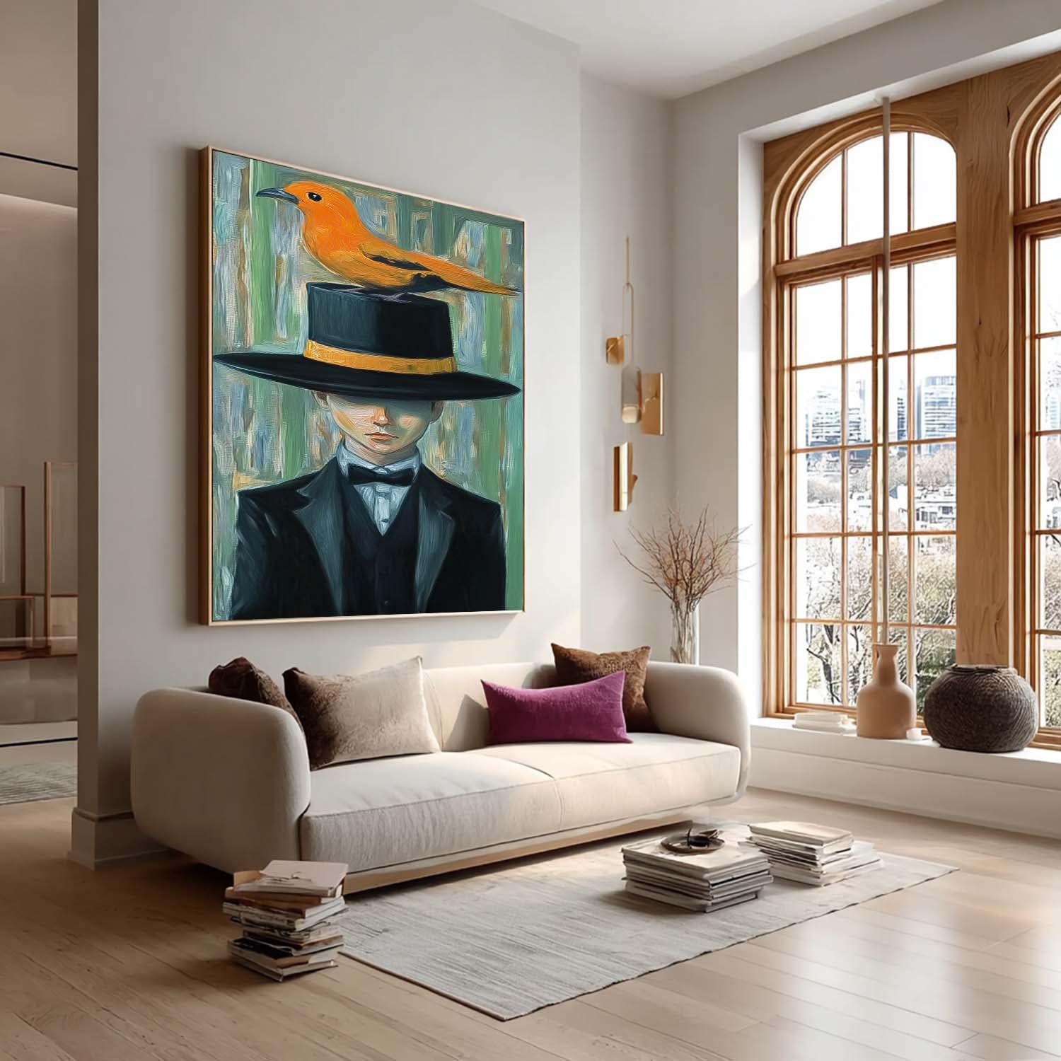 Man In A Suit With A Large Black Hat And An Orange Bird On It Wall Art  Abstract Boy Oil Painting Canvas
