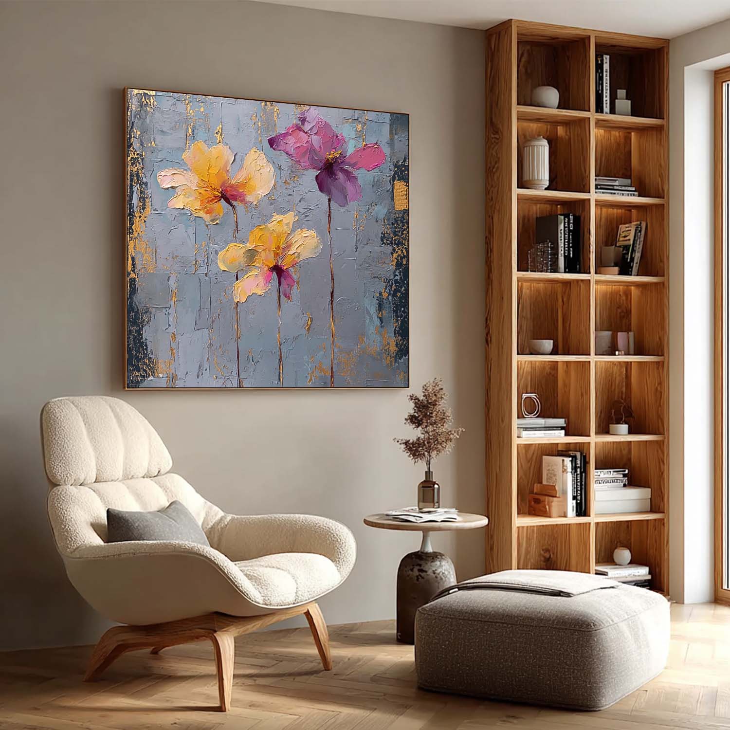 Square Abstract Floral Oil Painting Purple & Yellow Textured Wall Art Luminous Blooms Textured Floral Artwork