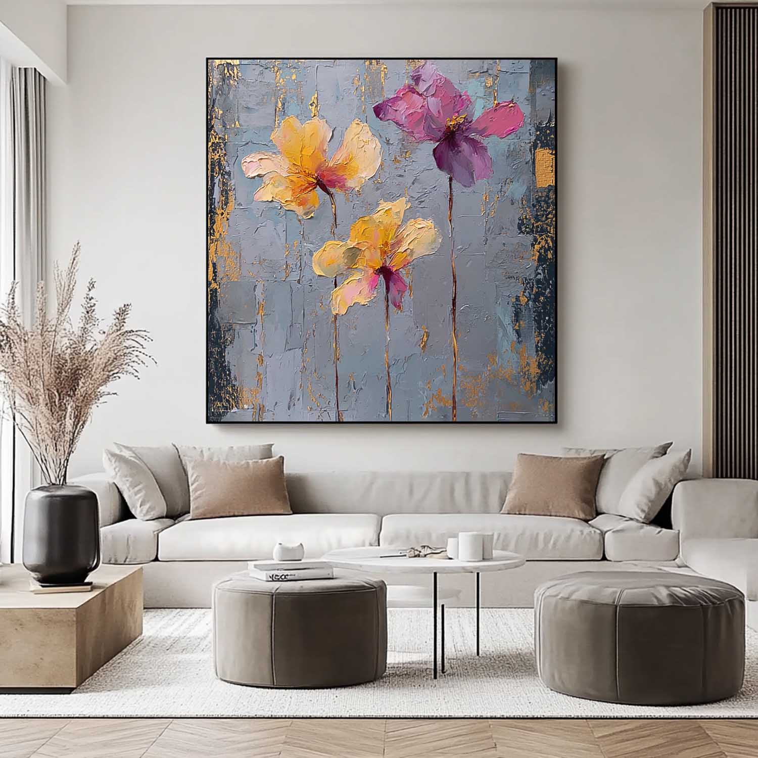 Square Abstract Floral Oil Painting Purple & Yellow Textured Wall Art Luminous Blooms Textured Floral Artwork