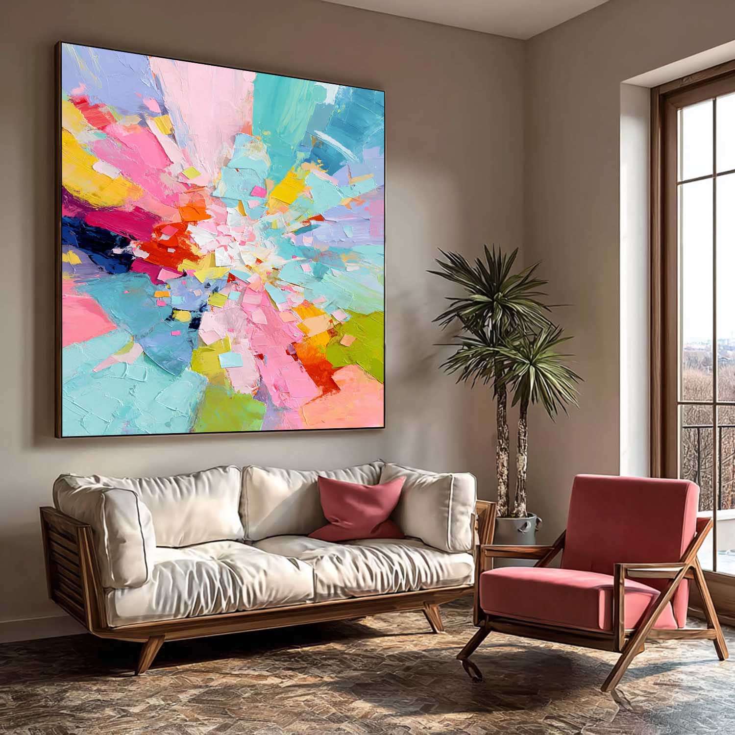 Square Vibrant Colorful Abstract Oil Painting Canvas Wall Art Modern Geometric Style Texture Home Decor