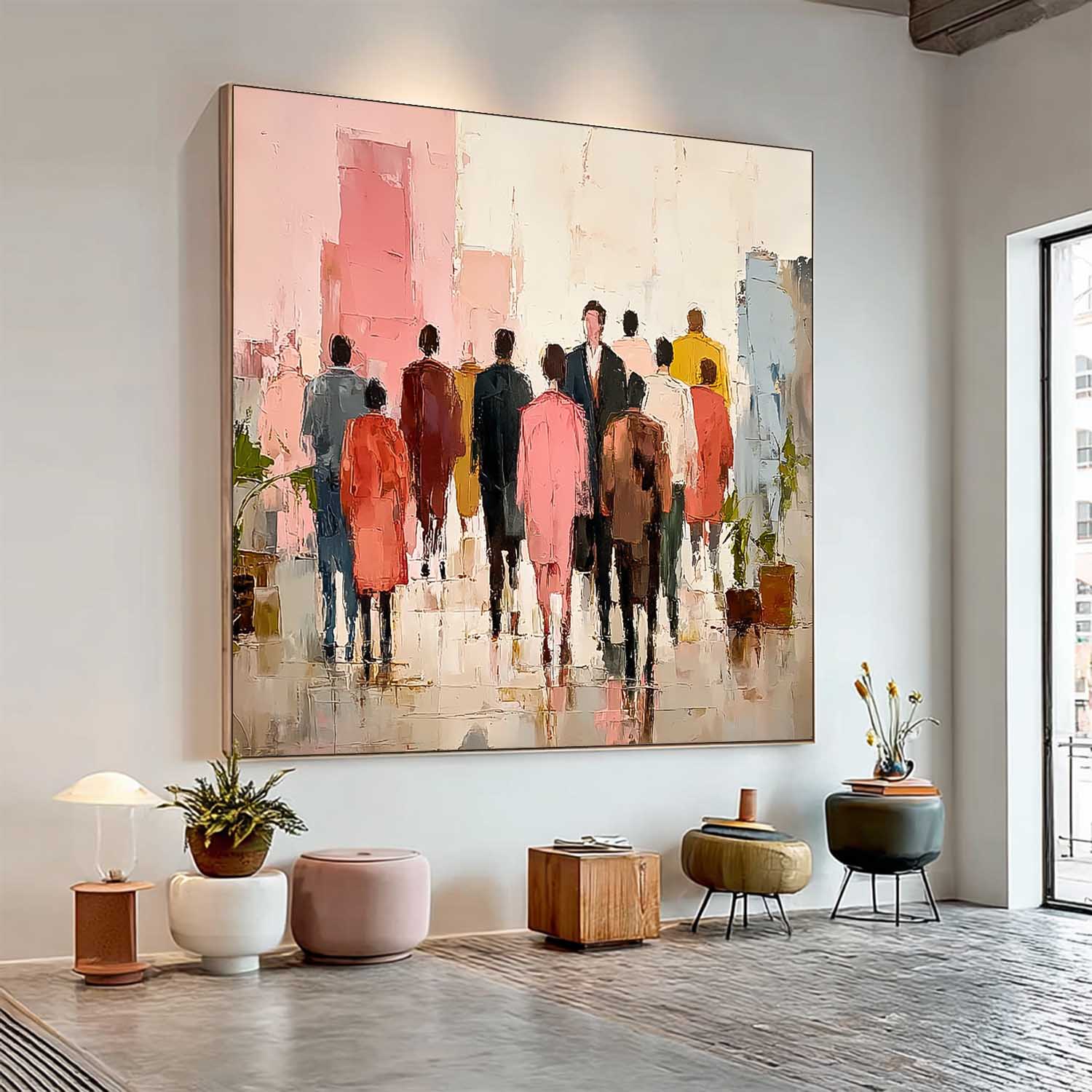 Large Multi-person Street Wall Art Abstract Figure Painting Canvas Original Passerby Features Artwork