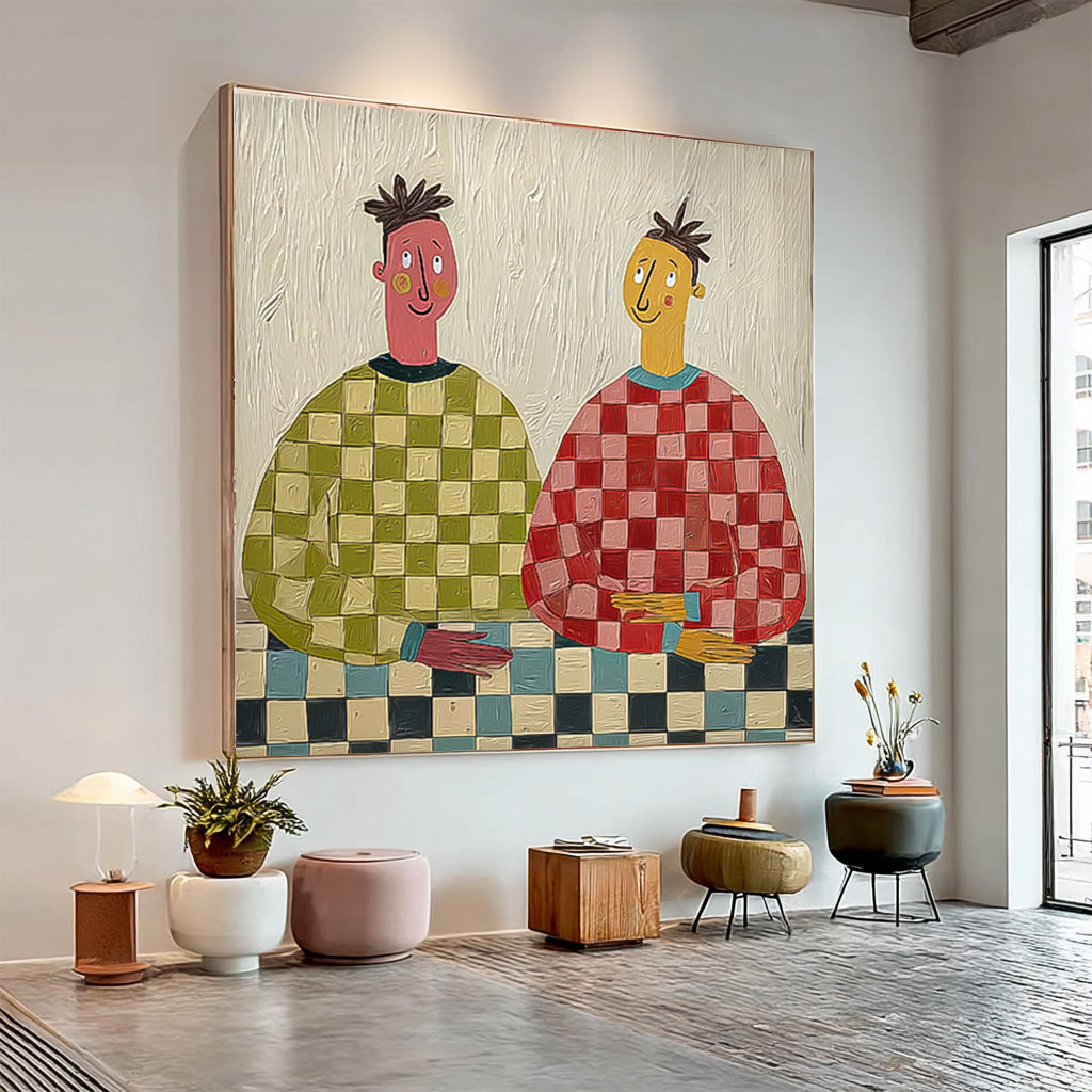 Original Textured People Painting Canvas Large Brothers Portrait Wall Art  Figure Oil Painting Home Decor