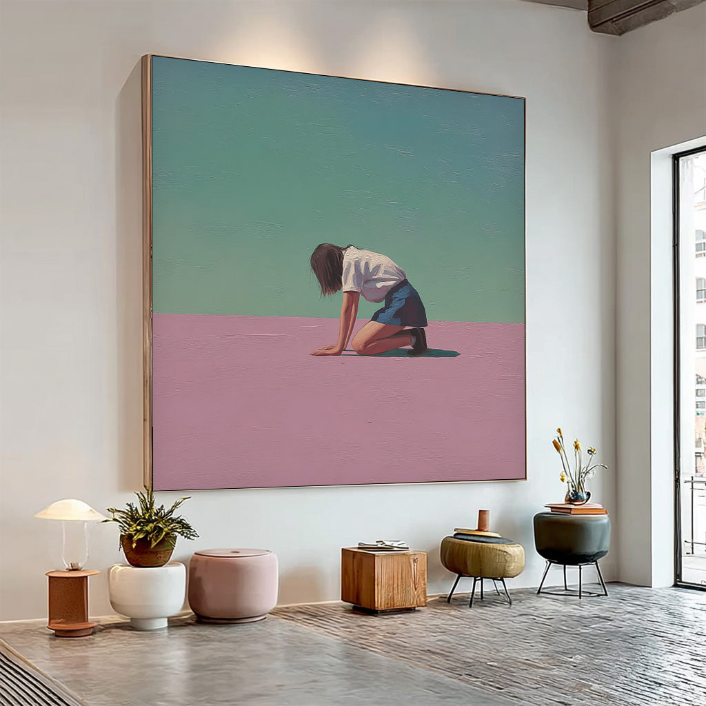 Abstract Warm atmosphere Art Minimalist Girl Painting Original Pink And Green Wall Art For Living Room