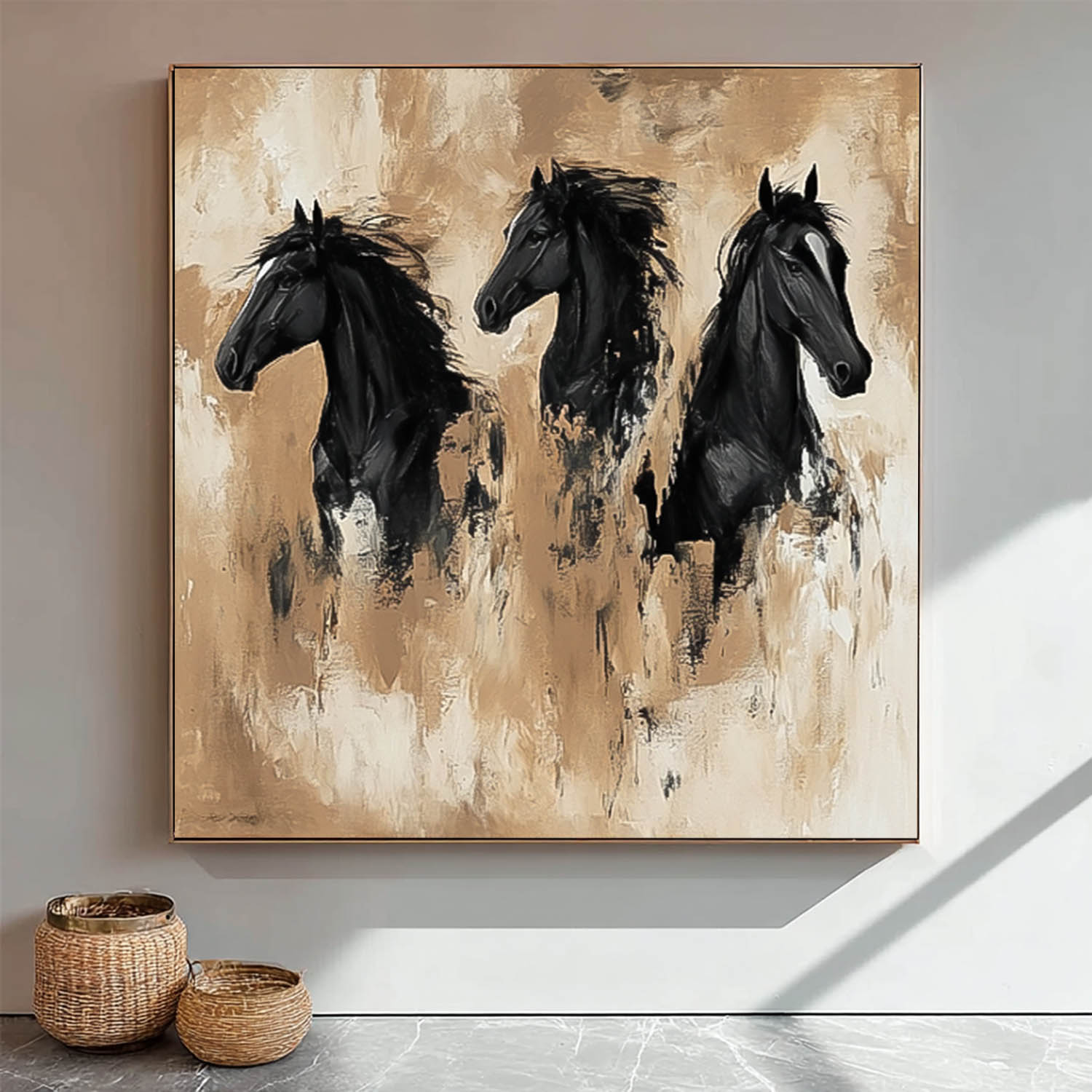 Large Retro Animal Artwork Home Decor Original Abstract Three Horse Wall Art Square Oil Painting Canvas