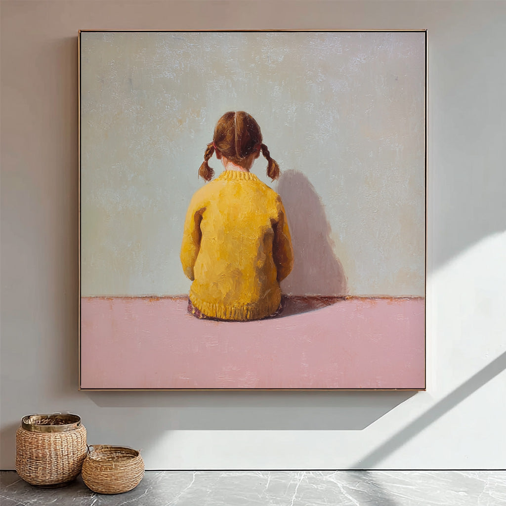 Original Pink Wall Art Minimalist Child Back view Painting Abstract Warm atmosphere Art For Living Room