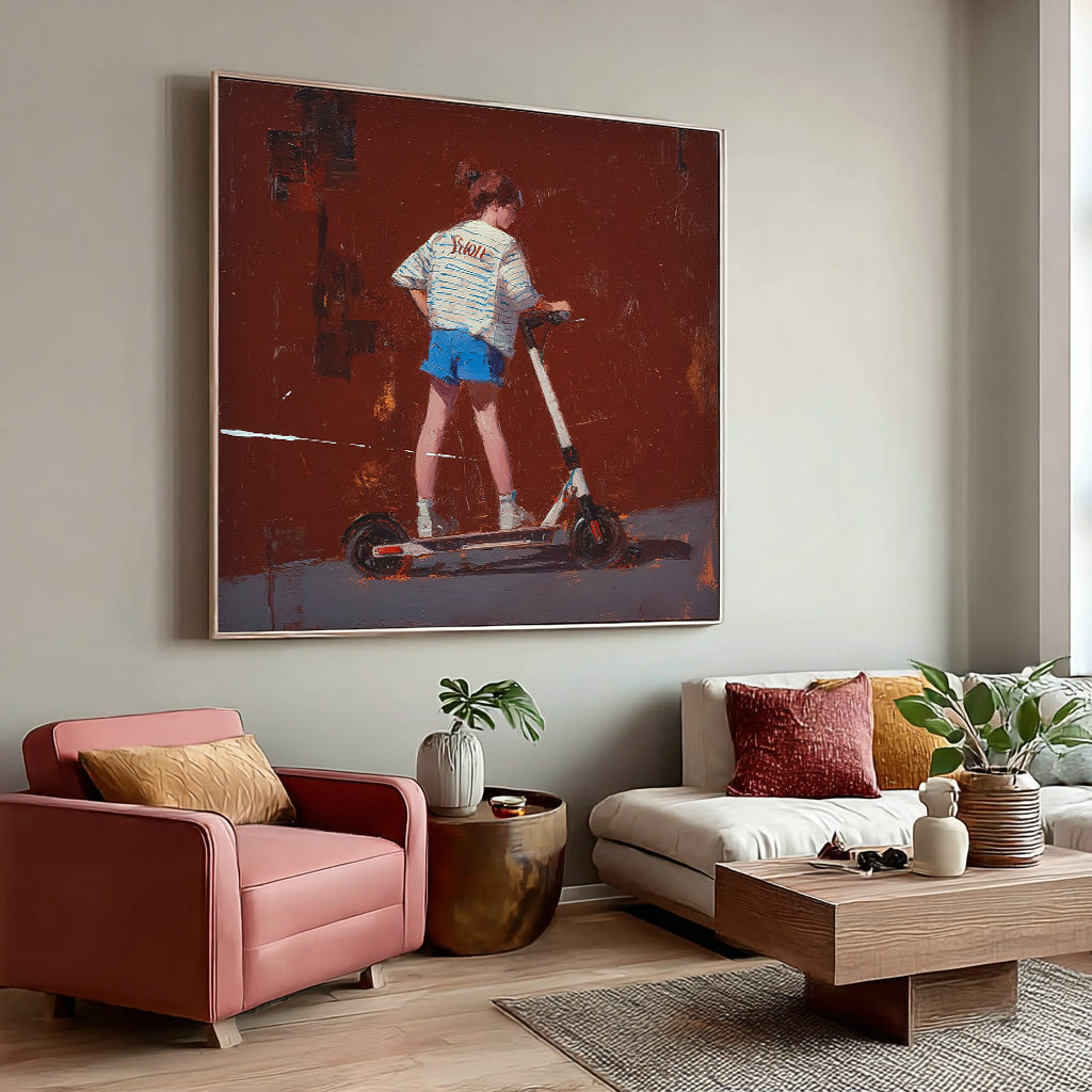 Original Red Wall Art Abstract Fashionable Street Style Minimalist Energetic Girl Riding A Scooter Painting